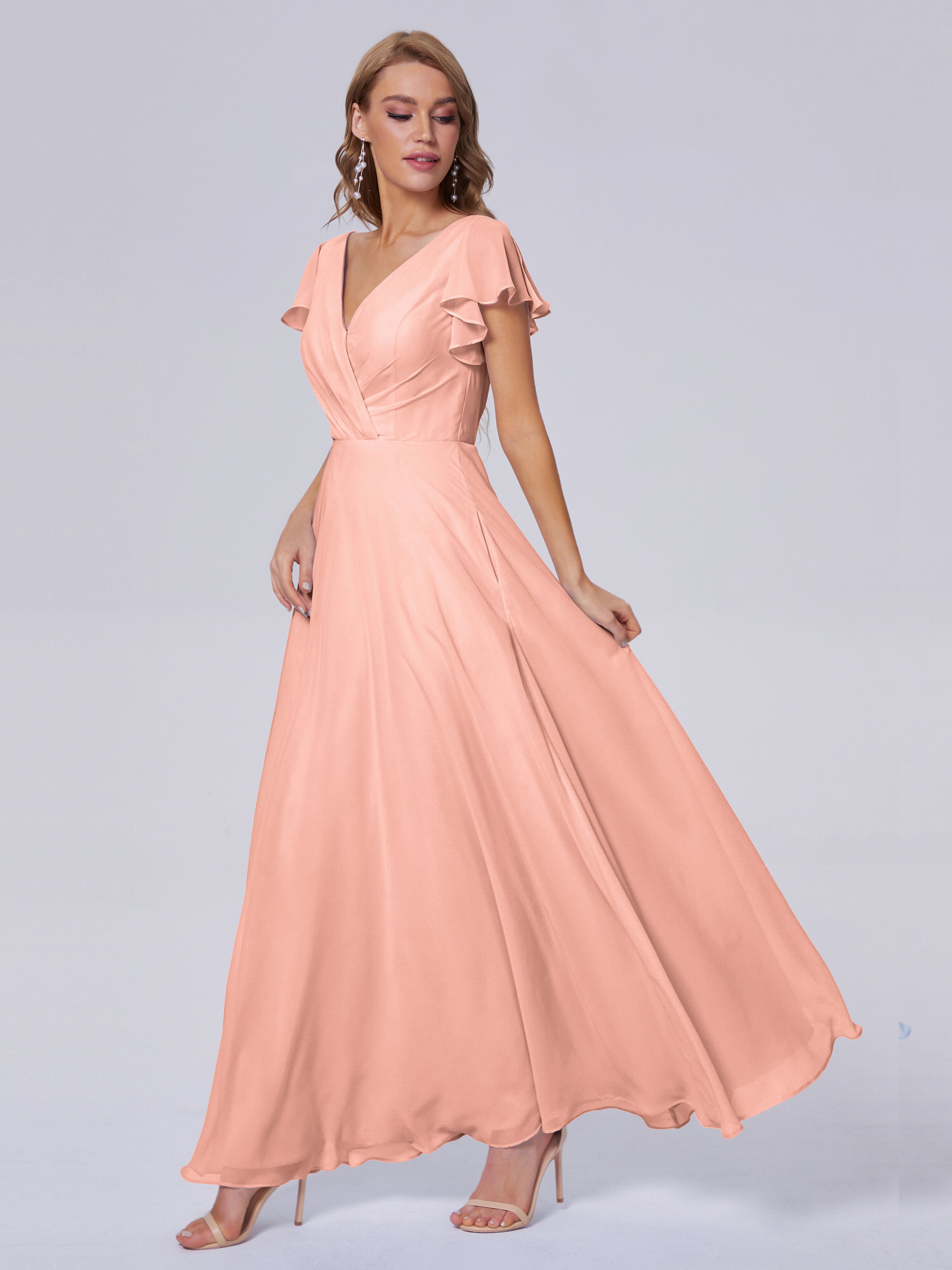 Robe Demoiselle Honneur Corail Col V Mousseline Robes Demoiselle D'Honneur