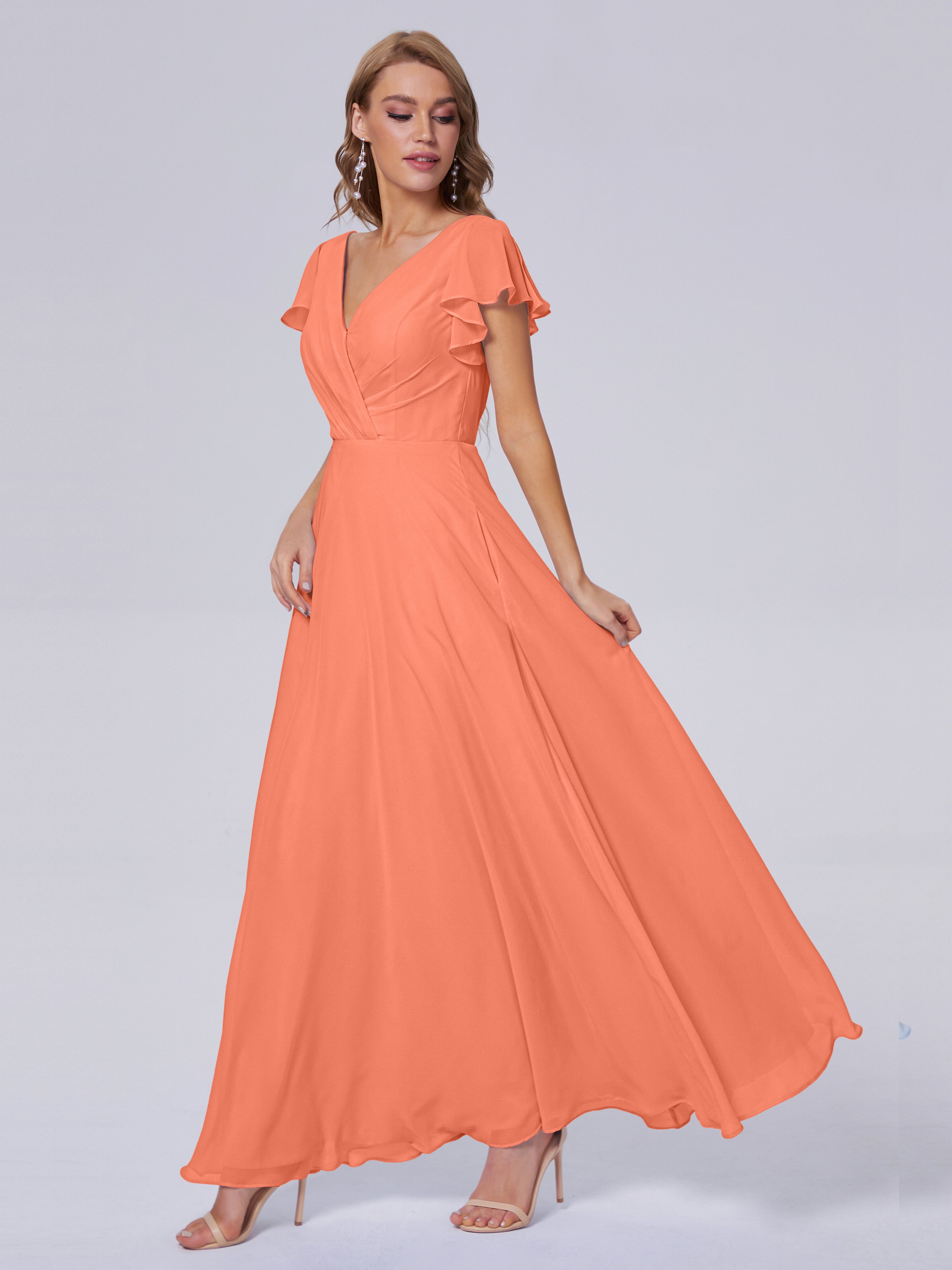 Robes De Demoiselle D'Honneur Coucher De Soleil Col V Mousseline Robes Demoiselle D'Honneur