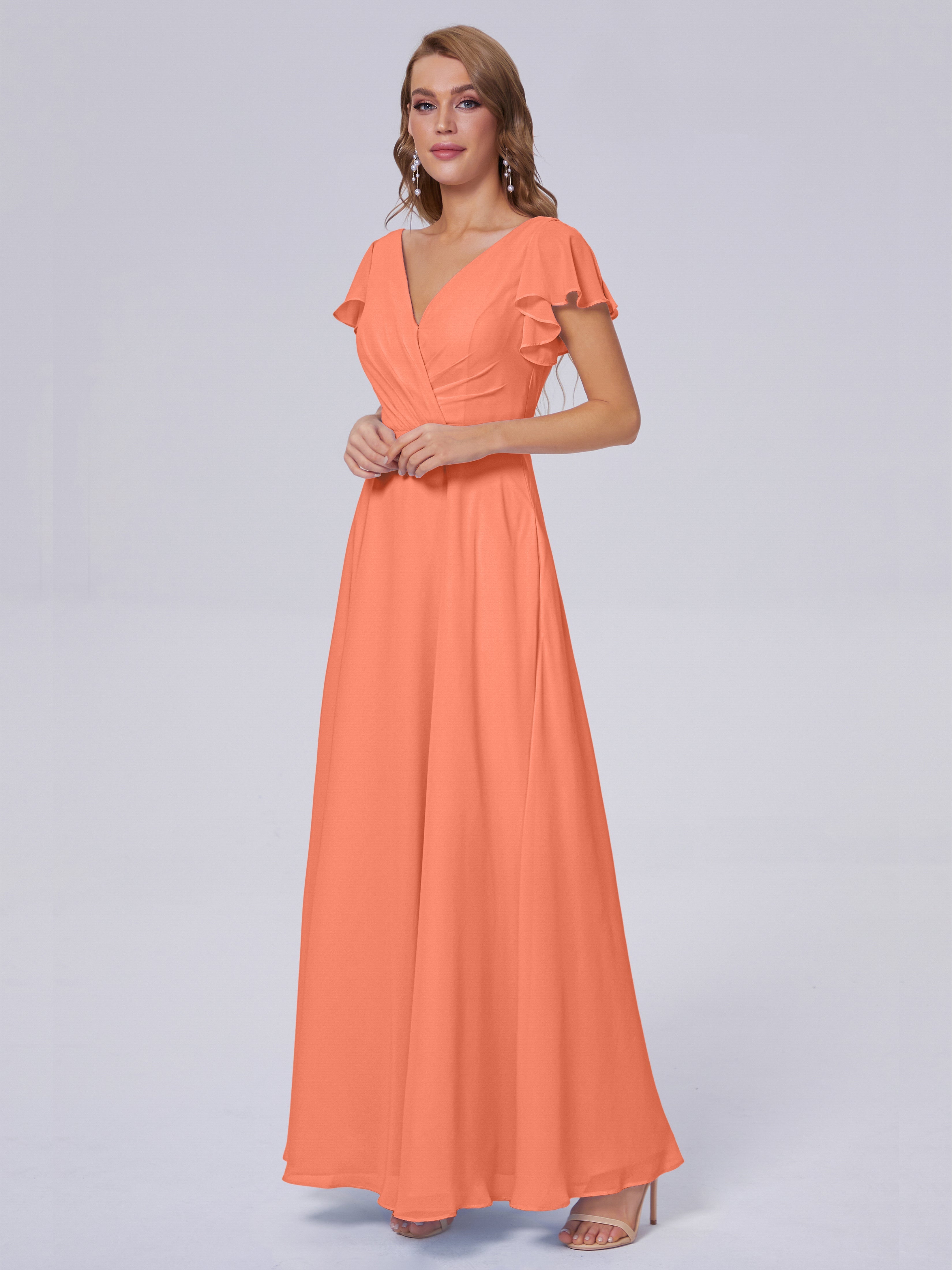 Robes De Demoiselle D'Honneur Coucher De Soleil Col V Mousseline Robes Demoiselle D'Honneur