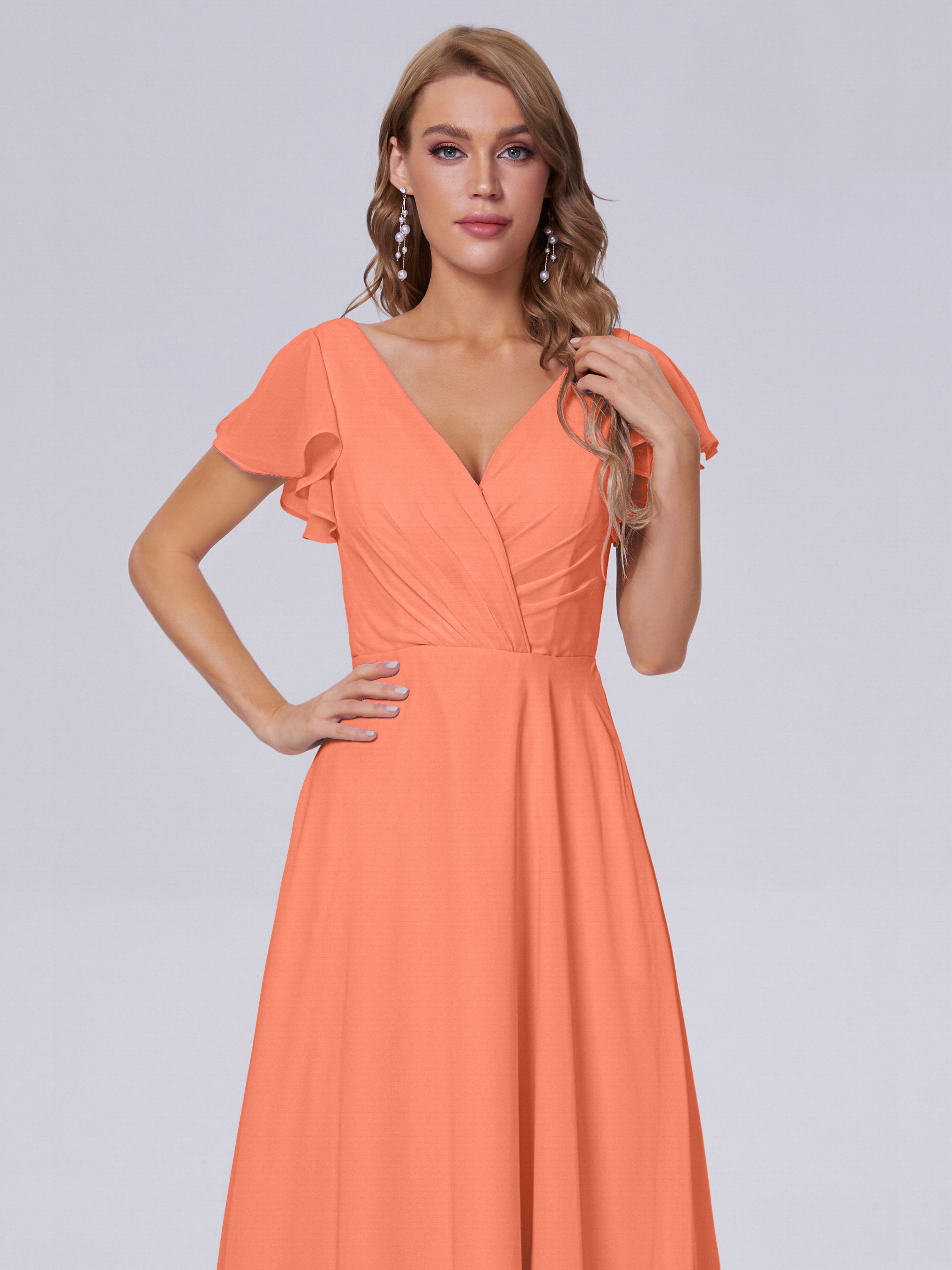 Robes De Demoiselle D'Honneur Coucher De Soleil Col V Mousseline Robes Demoiselle D'Honneur