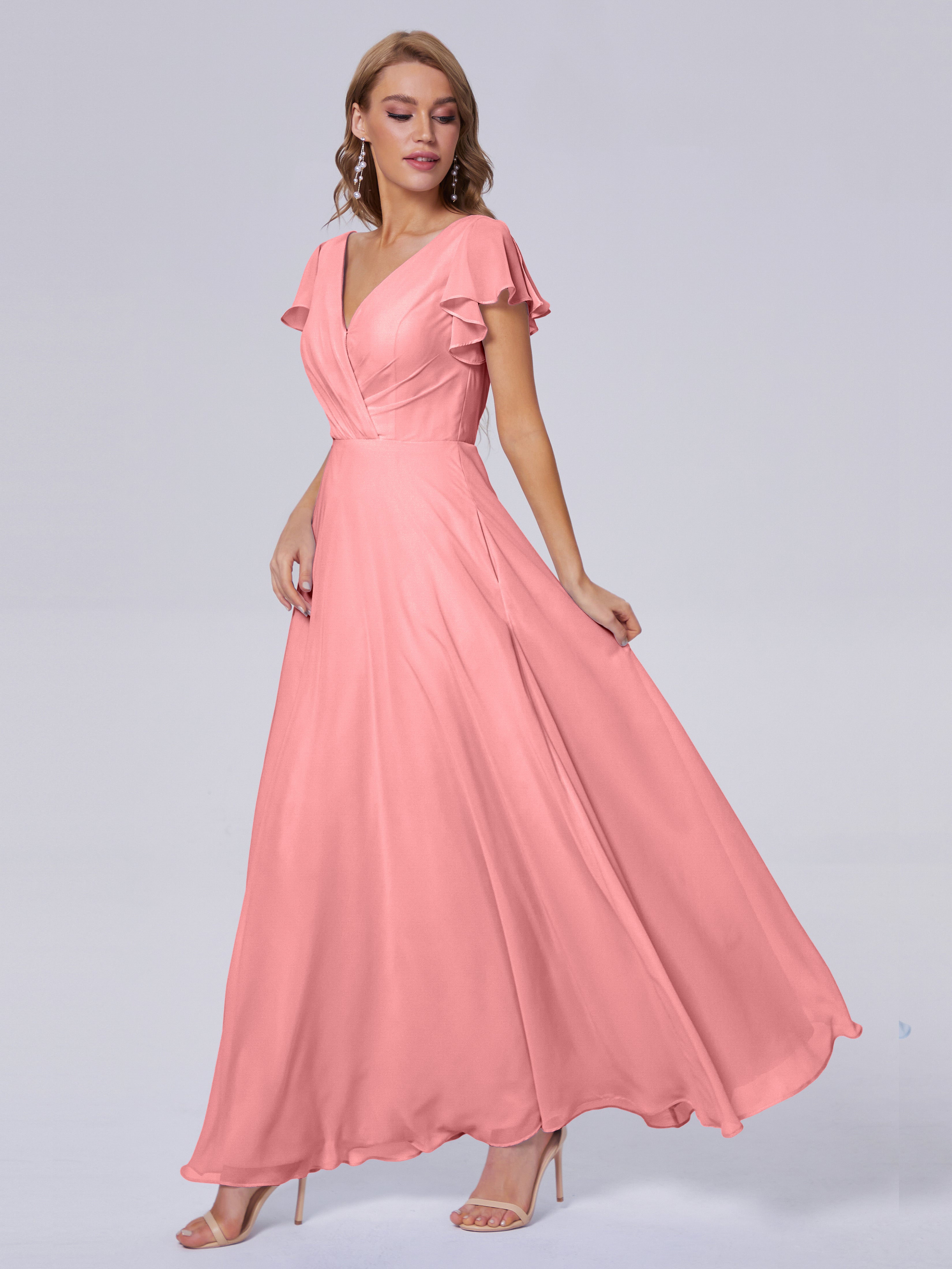 Robes De Demoiselle D'Honneur En Flamant Col V Mousseline Robes Demoiselle D'Honneur