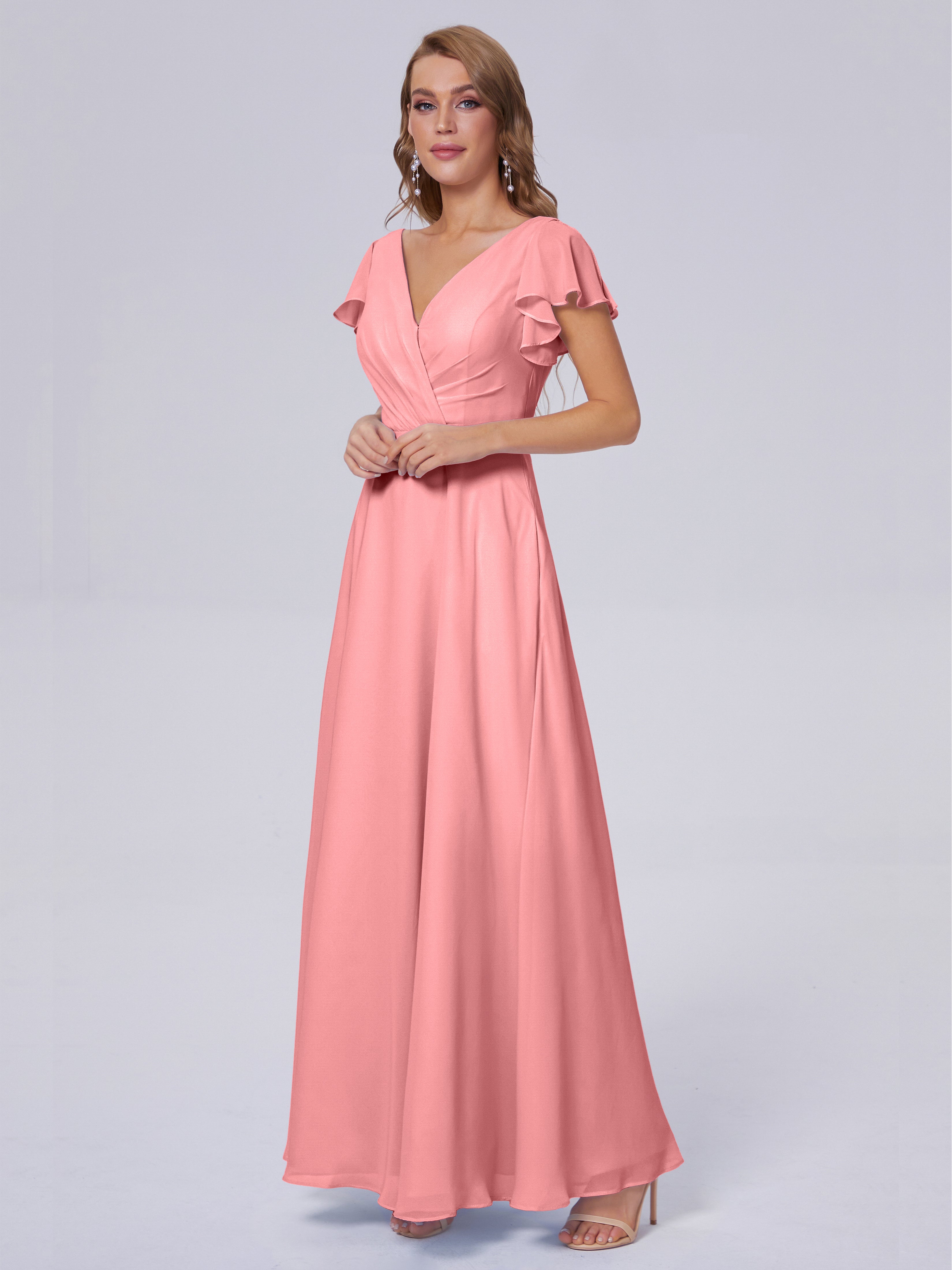 Robes De Demoiselle D'Honneur En Flamant Col V Mousseline Robes Demoiselle D'Honneur