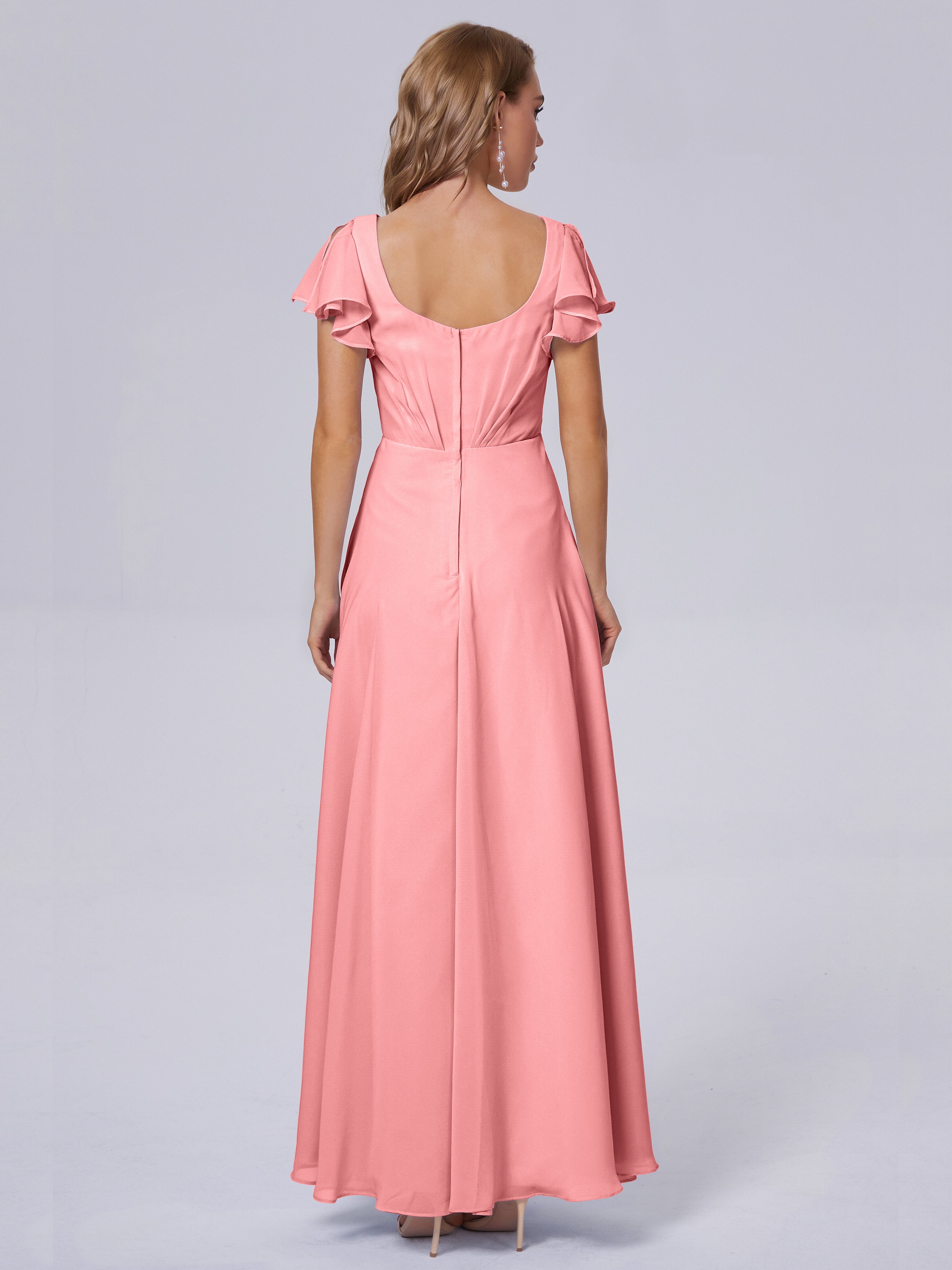 Robes De Demoiselle D'Honneur En Flamant Col V Mousseline Robes Demoiselle D'Honneur