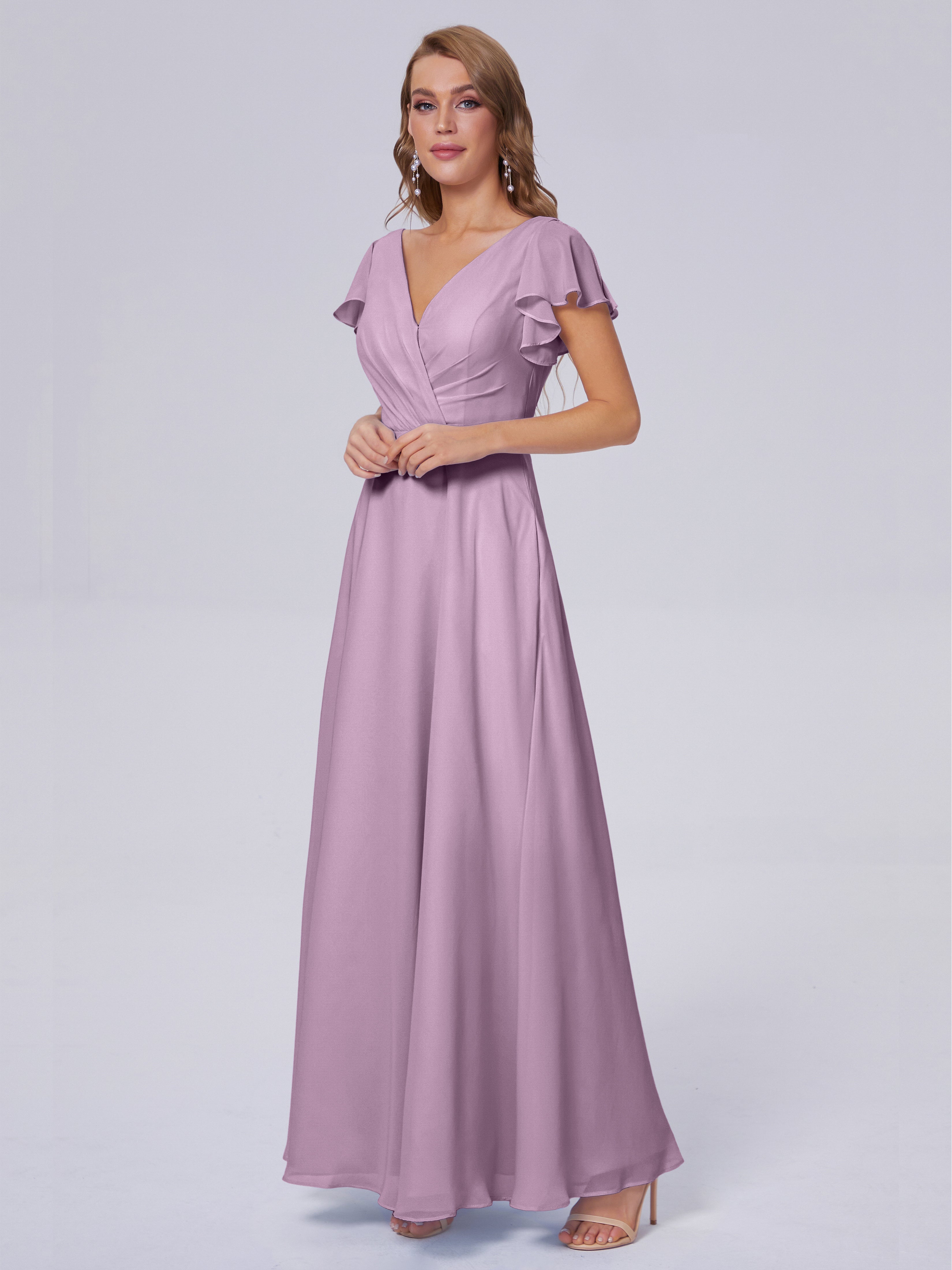 Robes De Demoiselle D'Honneur Glycine Col V Mousseline Robes Demoiselle D'Honneur