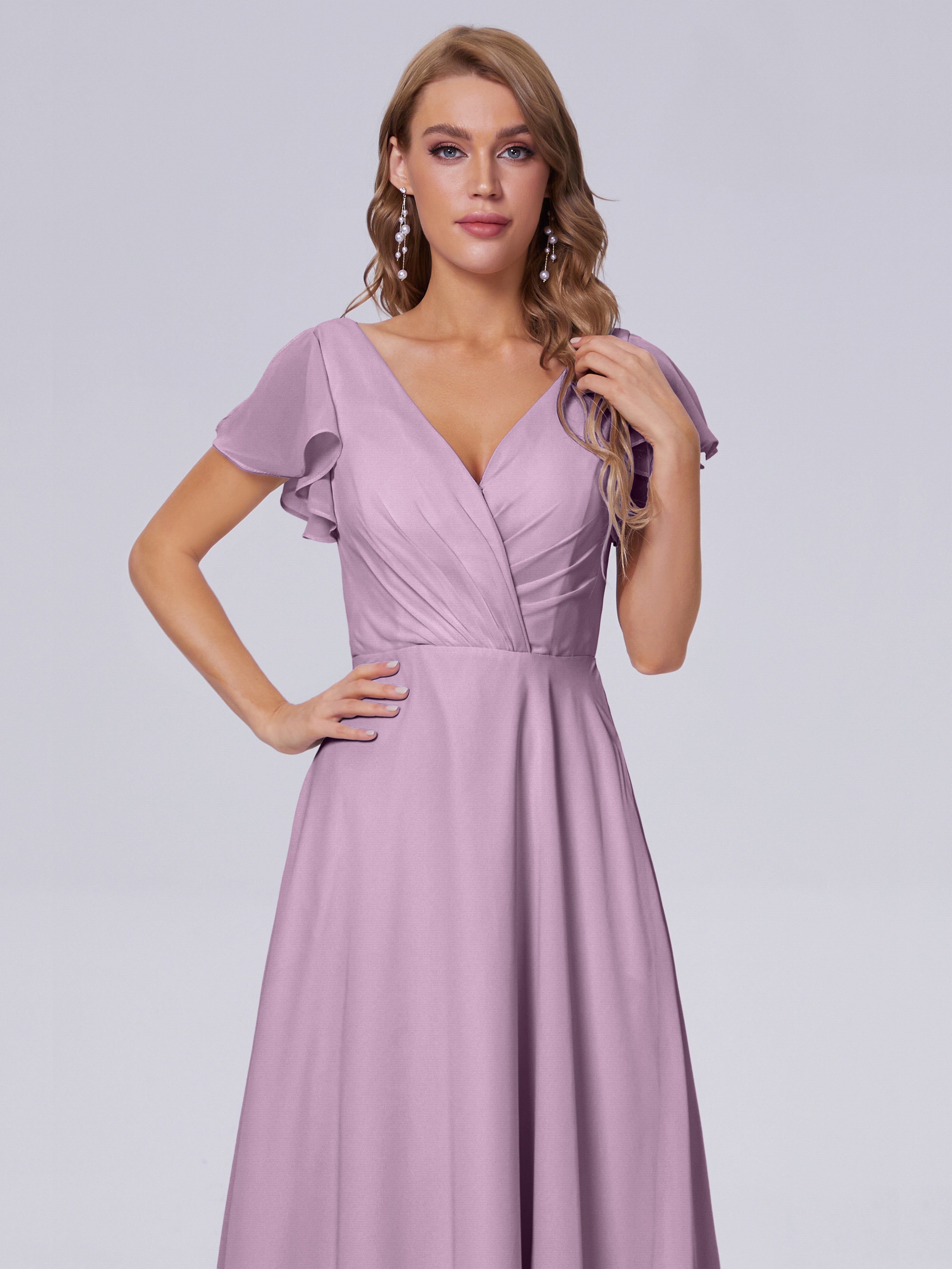 Robes De Demoiselle D'Honneur Glycine Col V Mousseline Robes Demoiselle D'Honneur