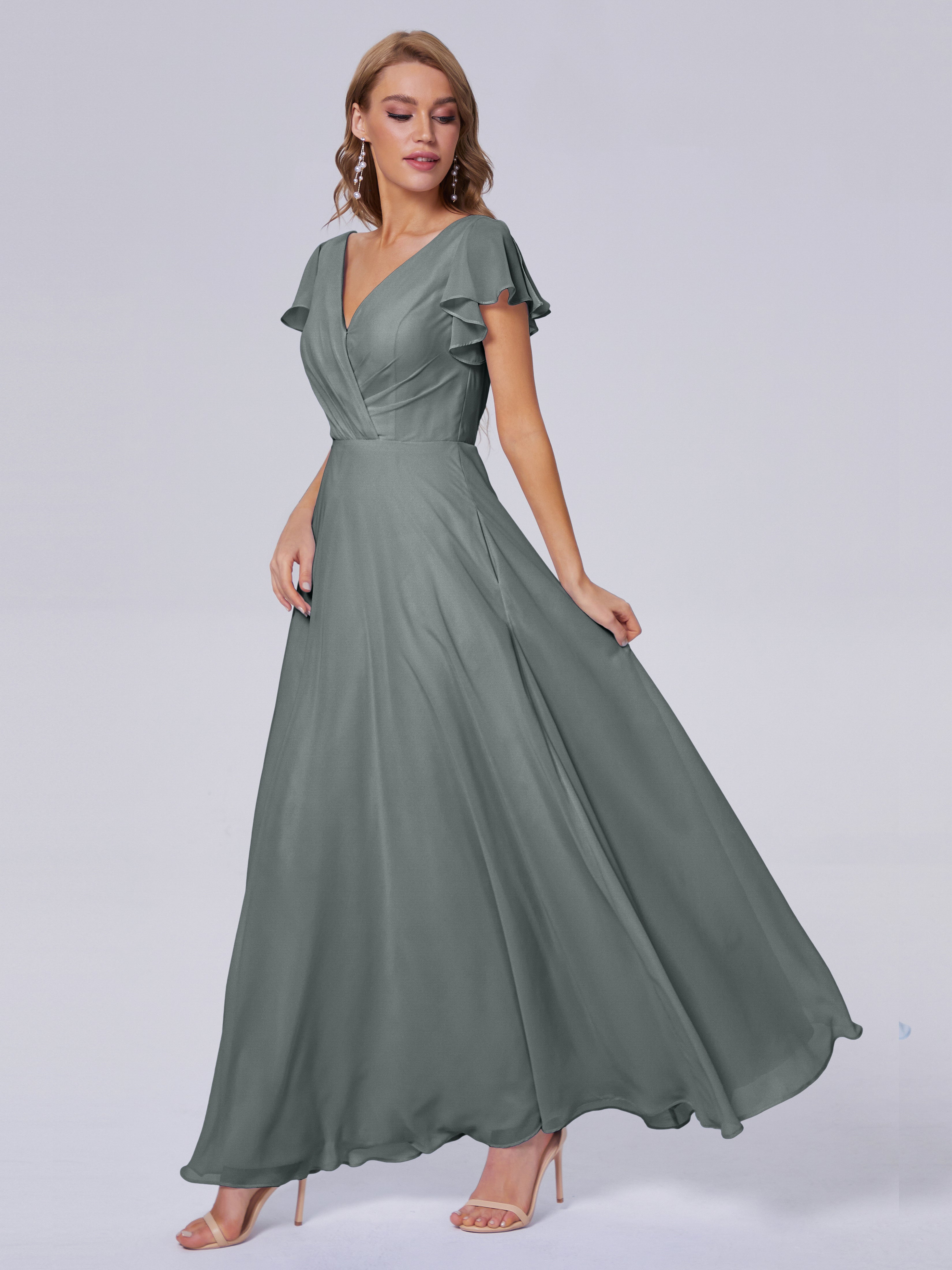 Robes De Demoiselle D'Honneur Gris Argenté Col V Mousseline Robes Demoiselle D'Honneur