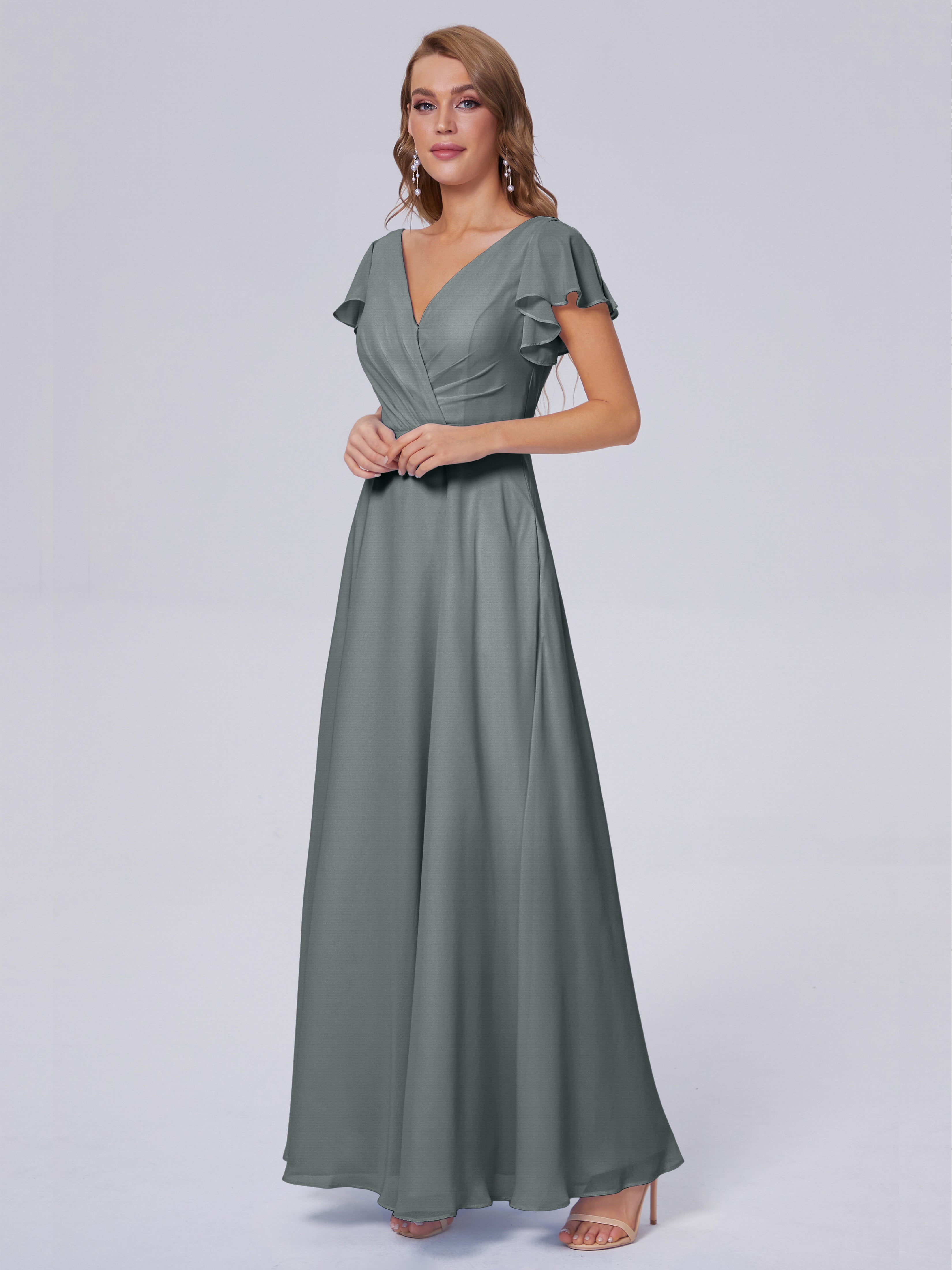 Robes De Demoiselle D'Honneur Gris Argenté Col V Mousseline Robes Demoiselle D'Honneur
