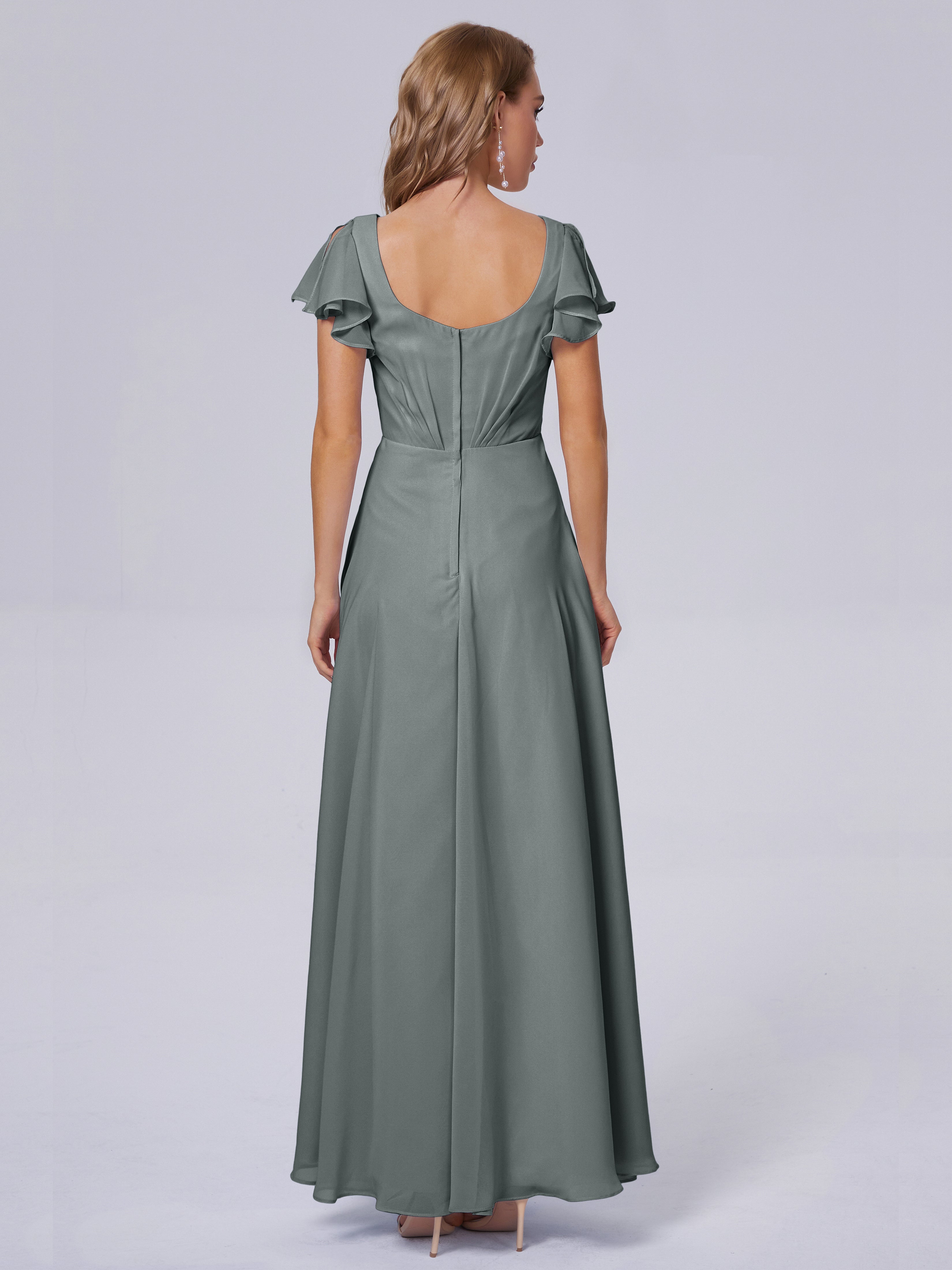 Robes De Demoiselle D'Honneur Gris Argenté Col V Mousseline Robes Demoiselle D'Honneur