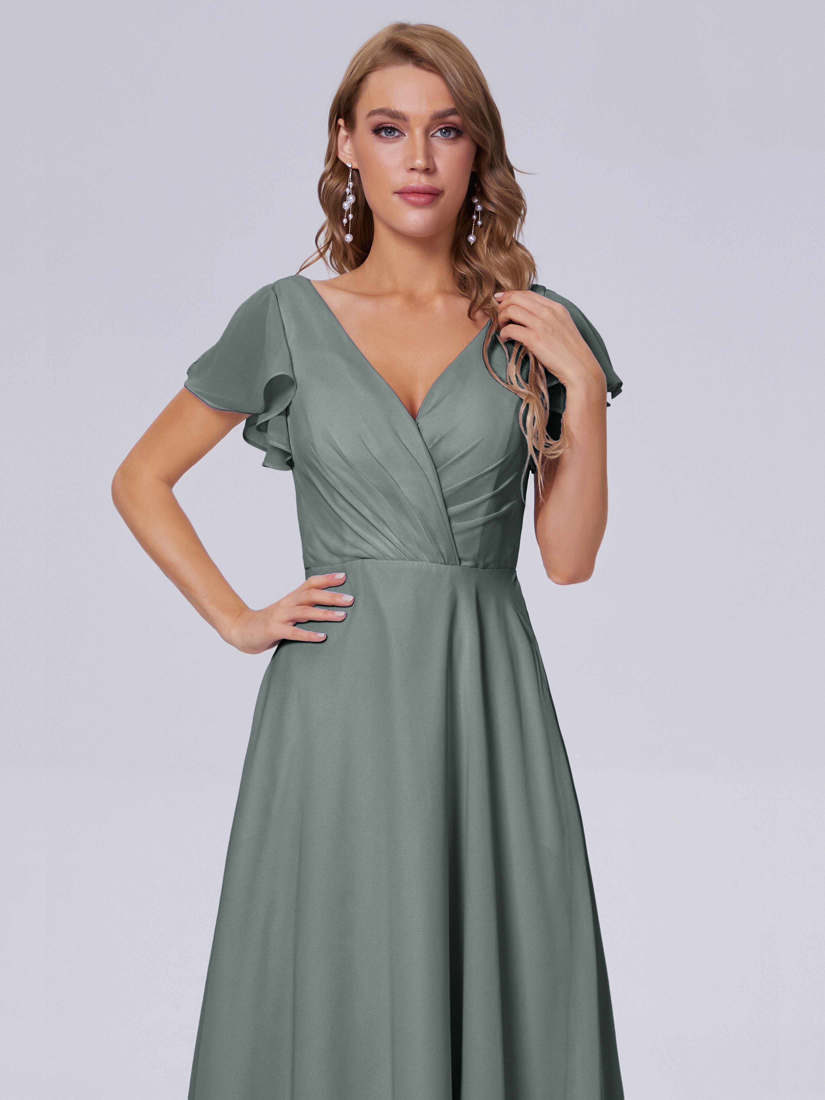 Robes De Demoiselle D'Honneur Gris Argenté Col V Mousseline Robes Demoiselle D'Honneur