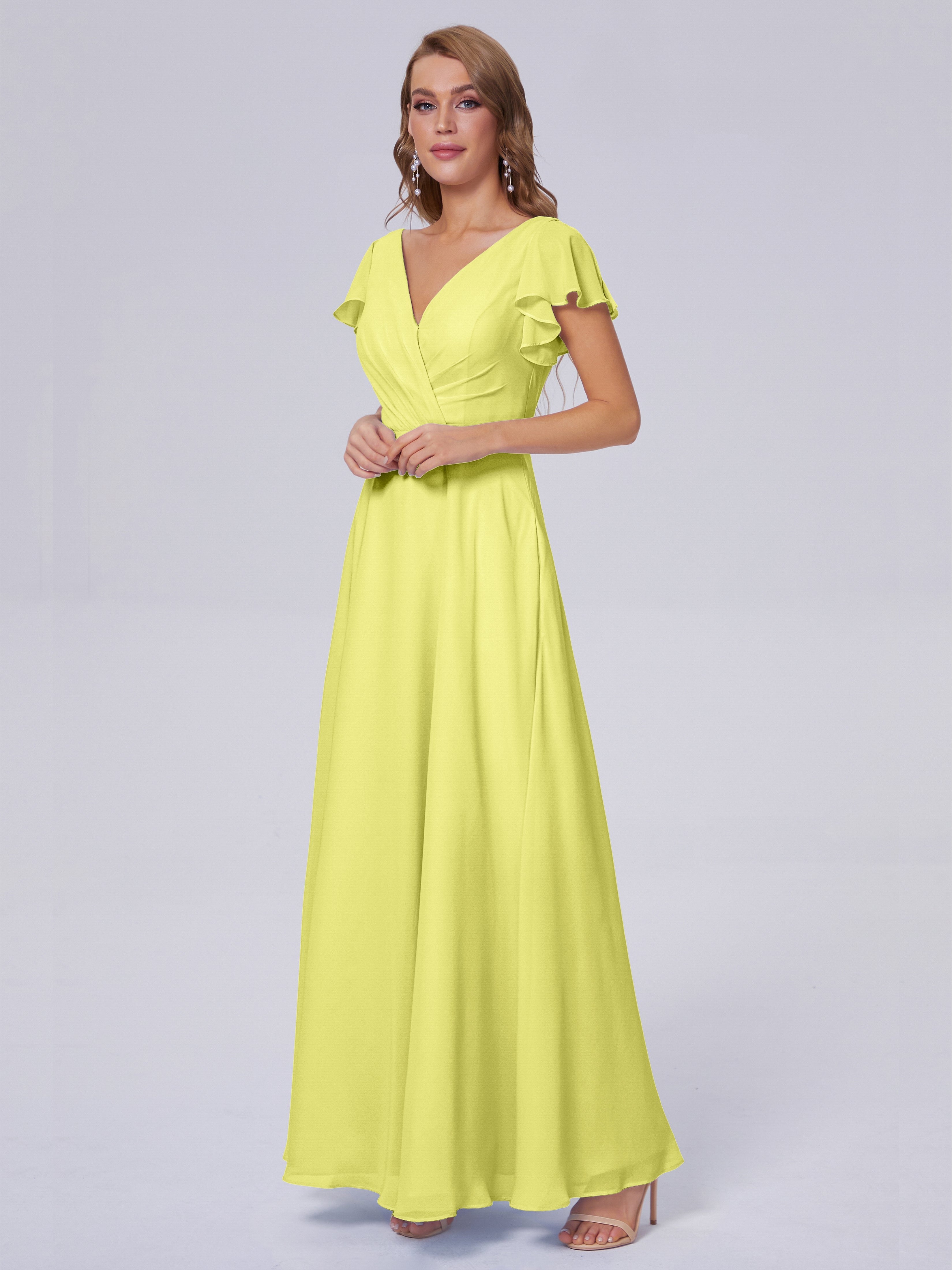 Robes De Demoiselle D'Honneur Jonquille Col V Mousseline Robes Demoiselle D'Honneur
