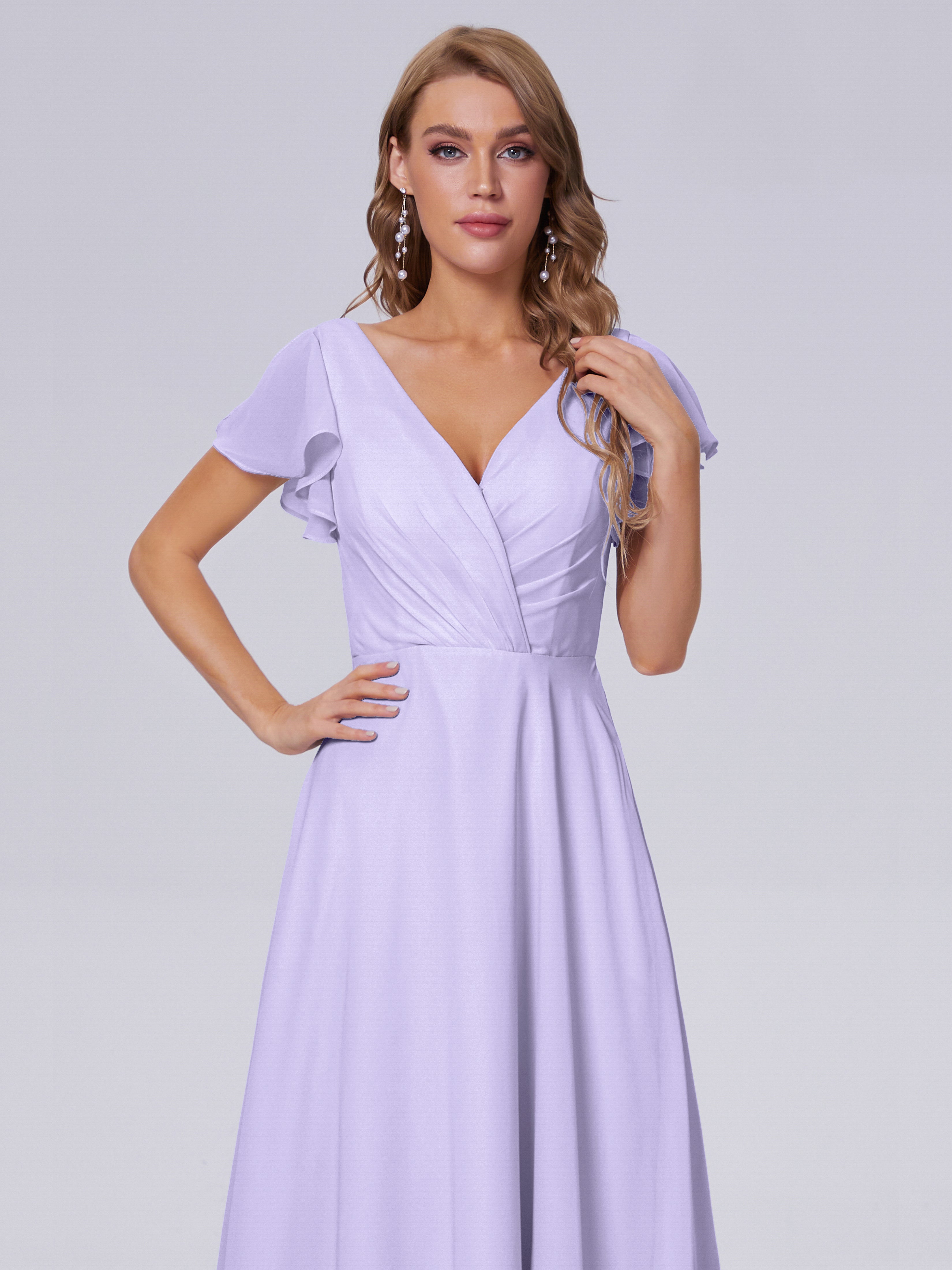 Robes De Demoiselle D'Honneur Lilas Col V Mousseline Robes Demoiselle D'Honneur