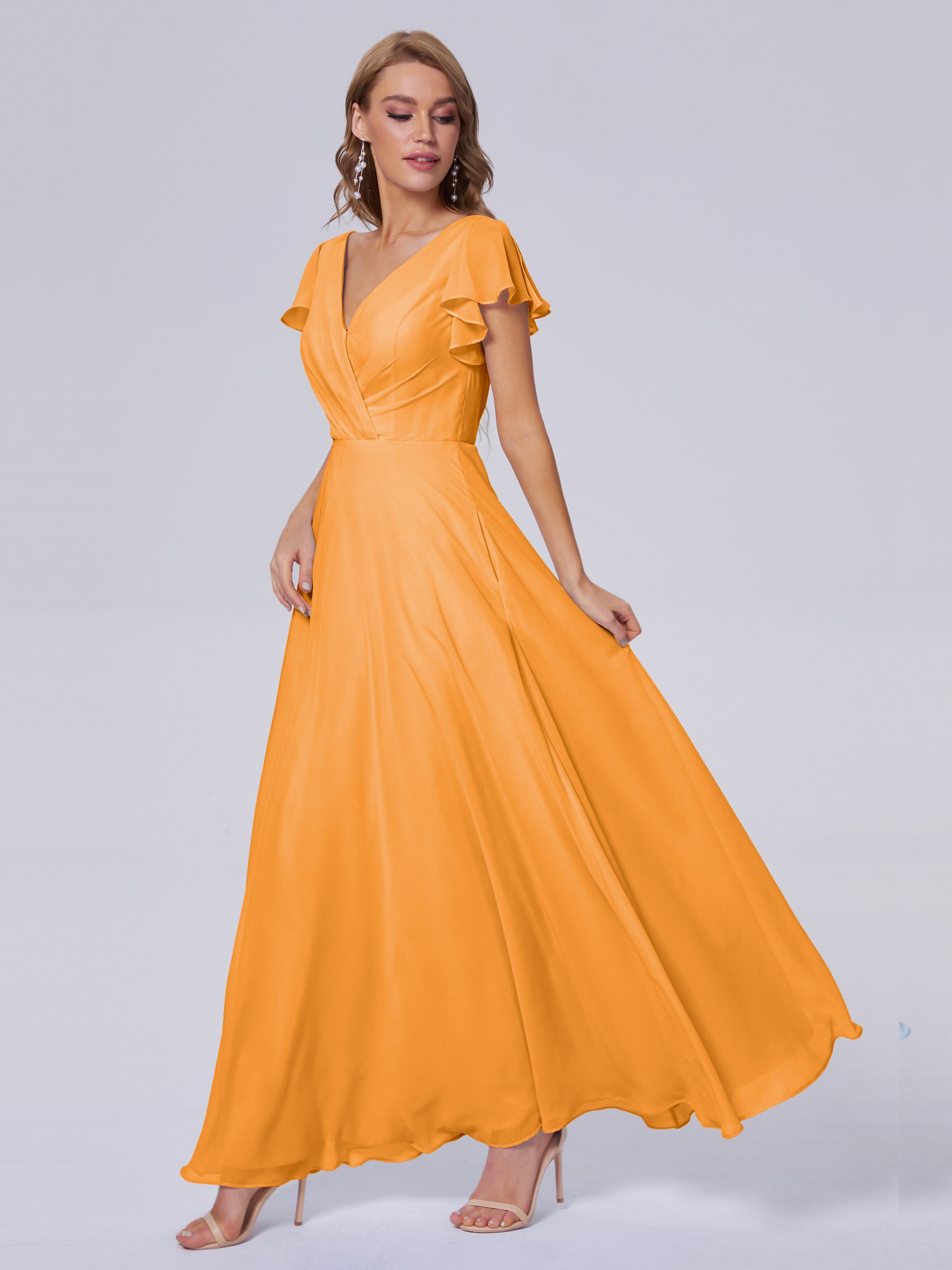 Robes De Demoiselle D'Honneur Mandarine Col V Mousseline Robes Demoiselle D'Honneur