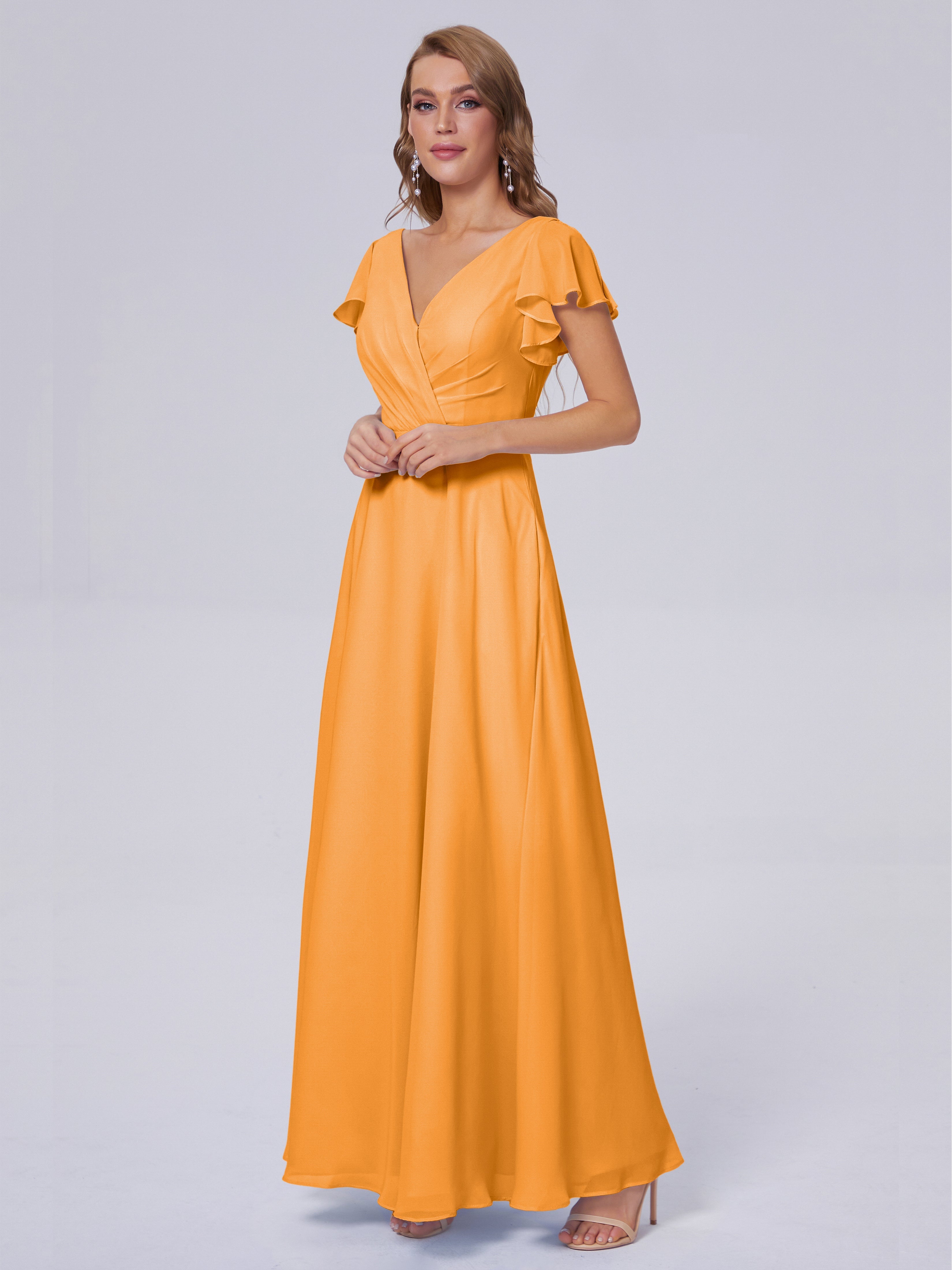 Robes De Demoiselle D'Honneur Mandarine Col V Mousseline Robes Demoiselle D'Honneur