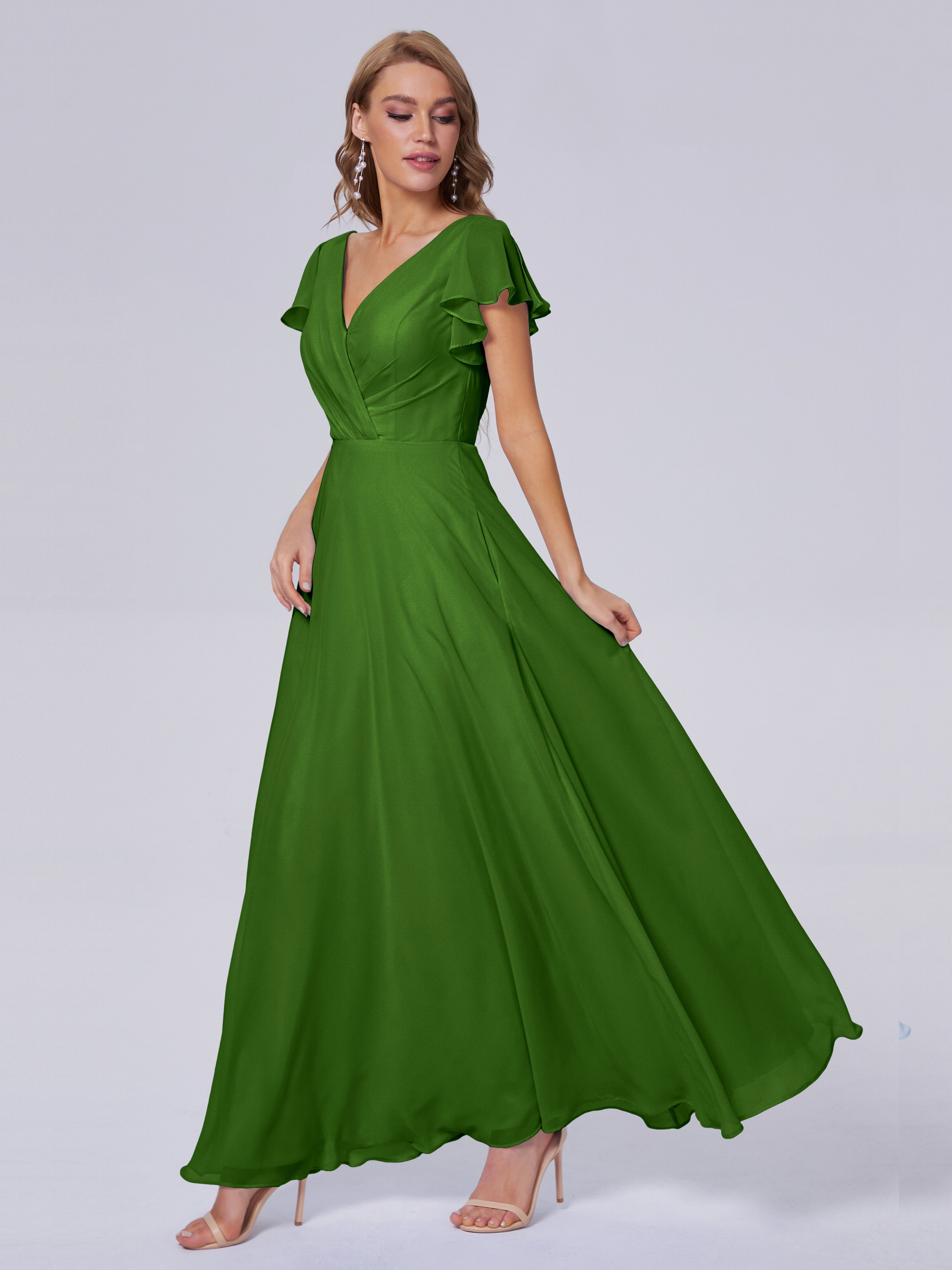 Robes De Demoiselle D'Honneur Vert Mousse Col V Mousseline Robes Demoiselle D'Honneur