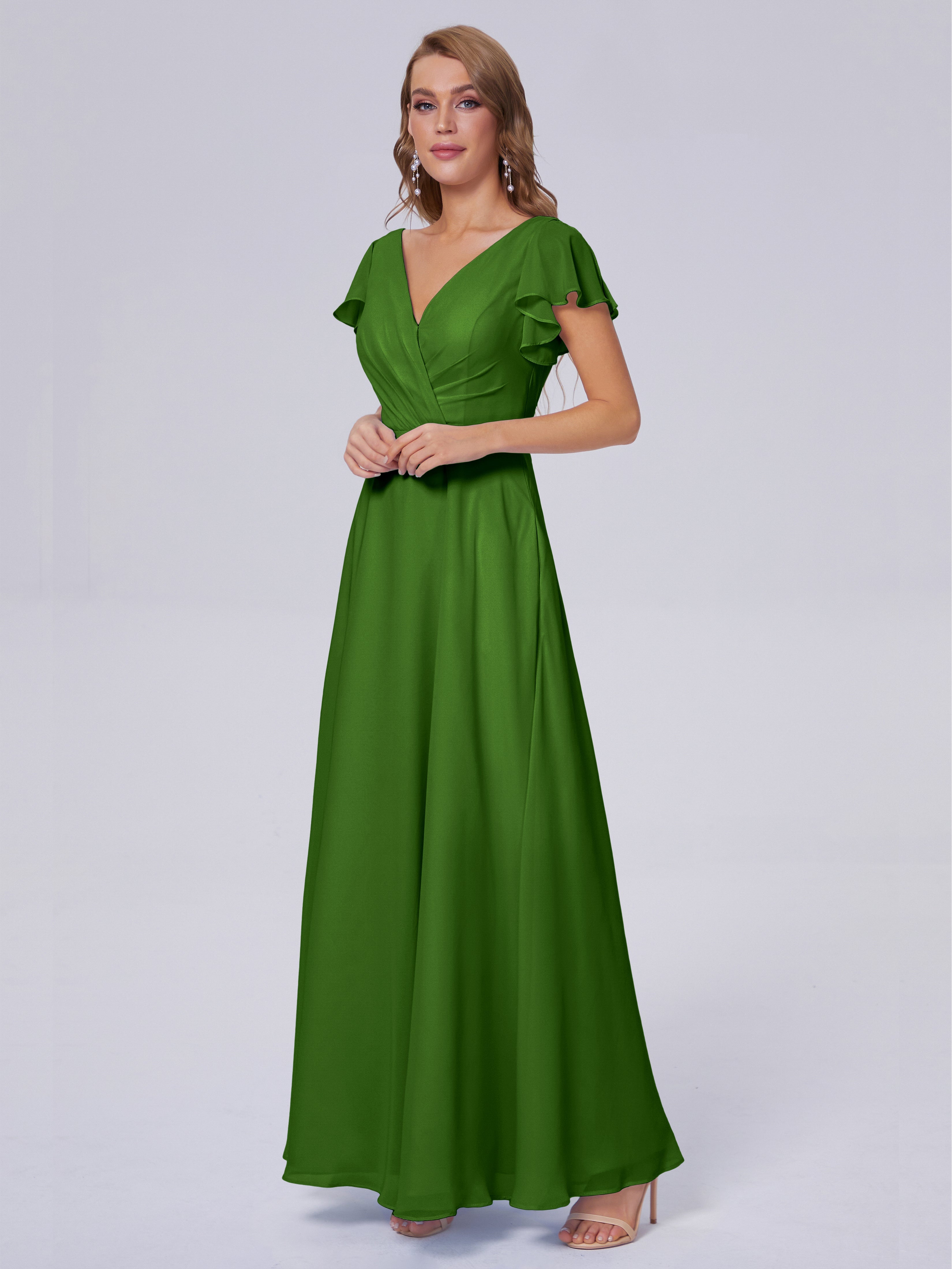 Robes De Demoiselle D'Honneur Vert Mousse Col V Mousseline Robes Demoiselle D'Honneur