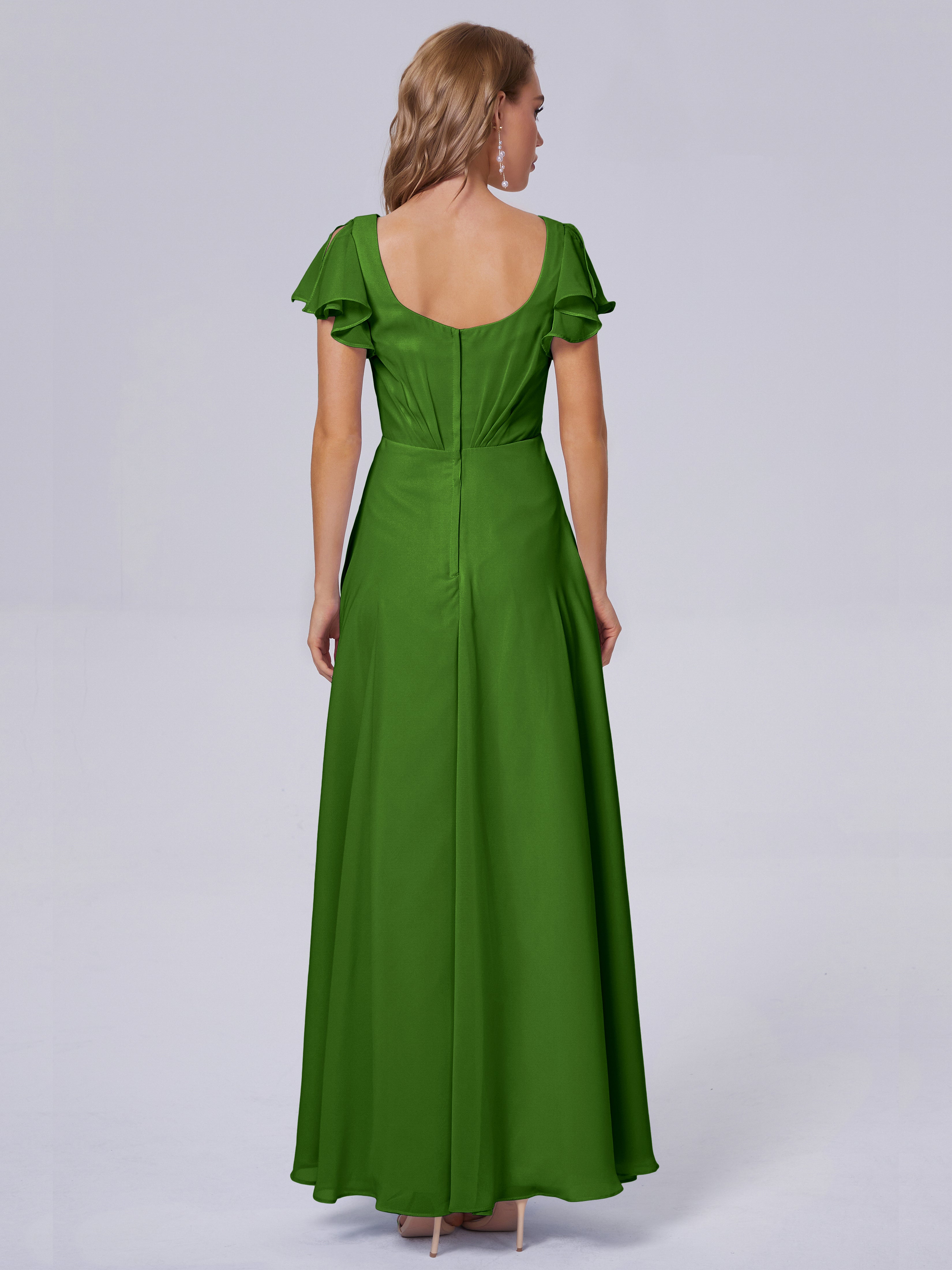 Robes De Demoiselle D'Honneur Vert Mousse Col V Mousseline Robes Demoiselle D'Honneur