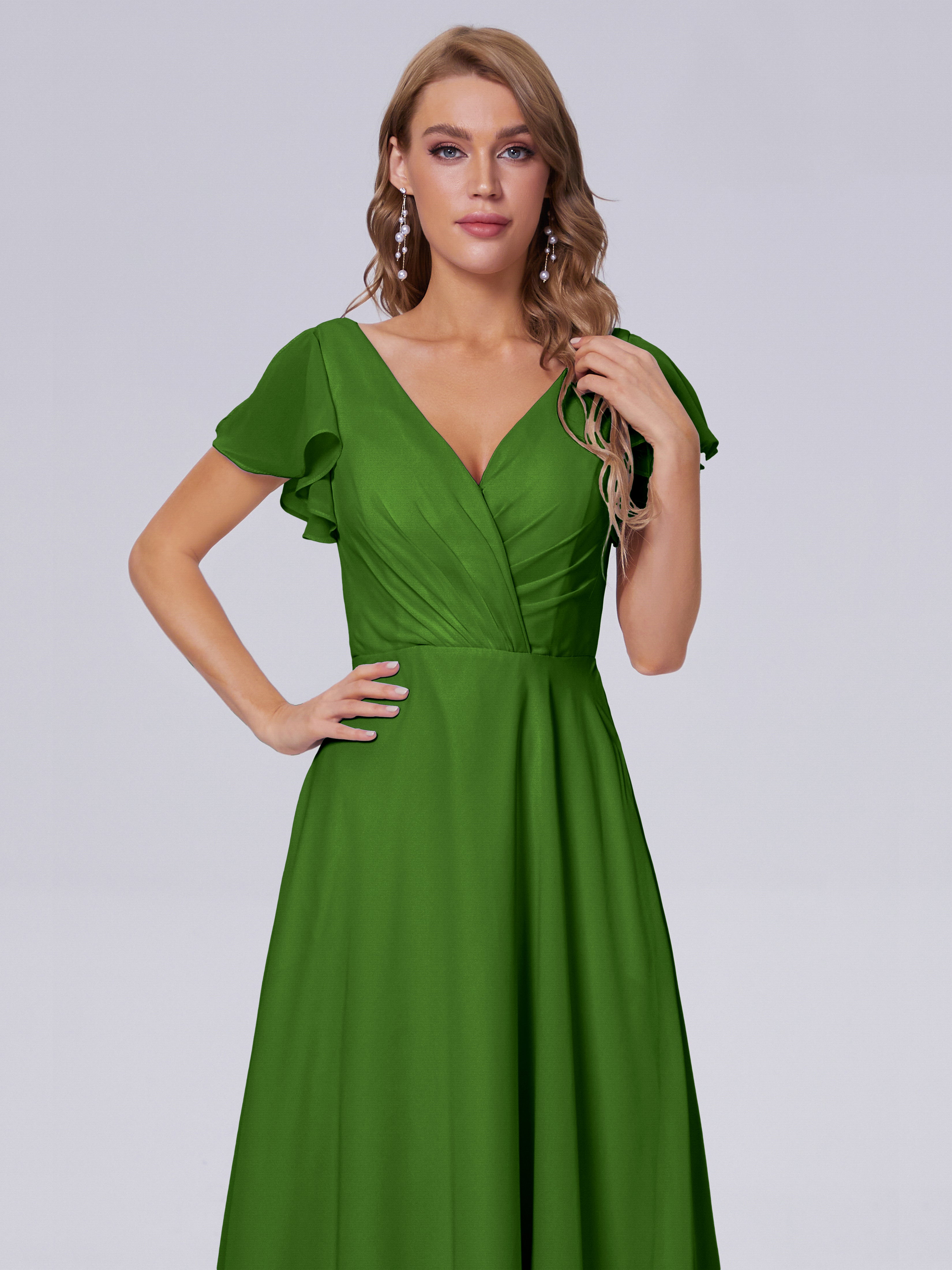 Robes De Demoiselle D'Honneur Vert Mousse Col V Mousseline Robes Demoiselle D'Honneur