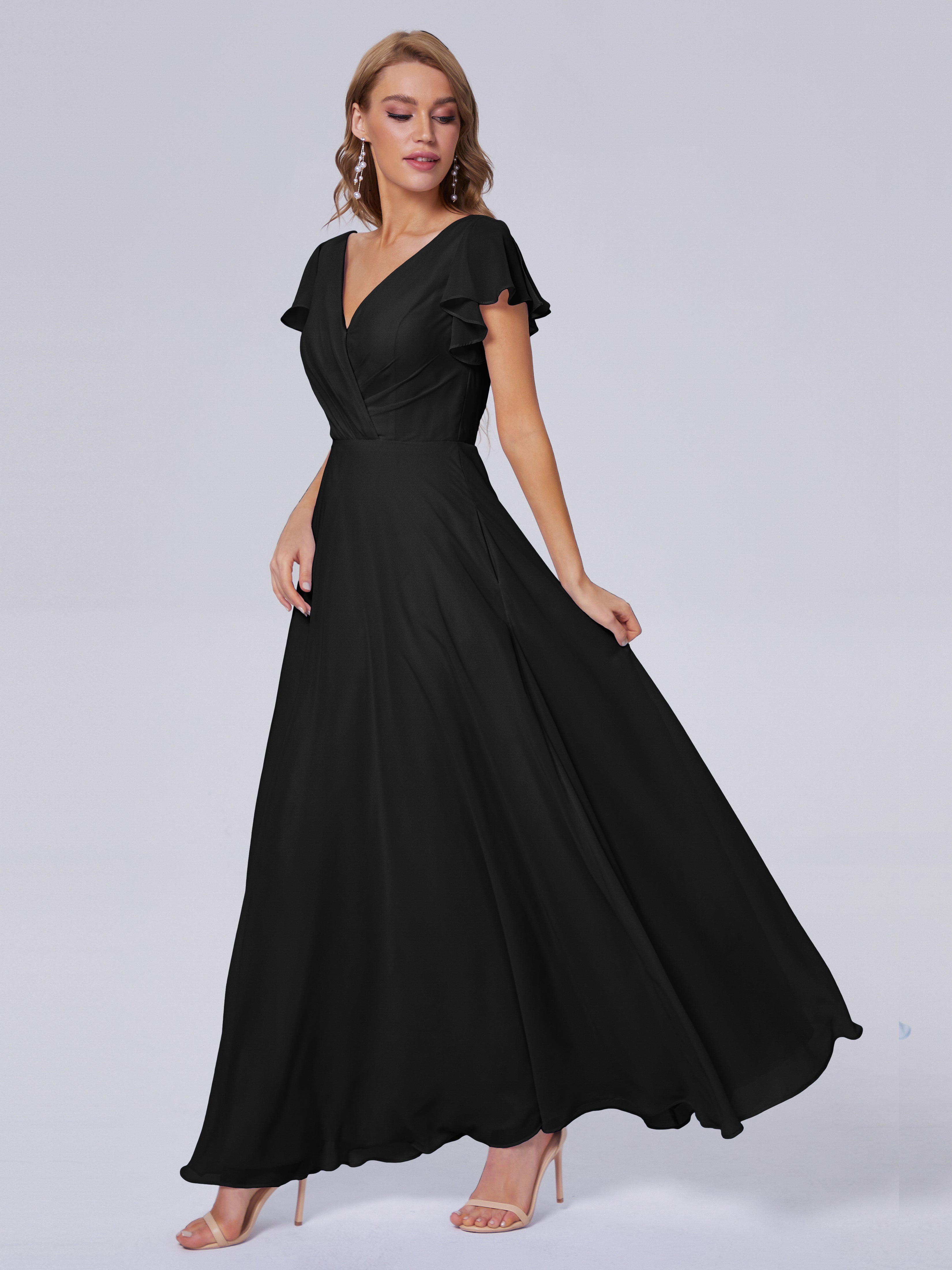 Robes De Demoiselle D'Honneur Noires Bon Marché Col V Mousseline Robes Demoiselle D'Honneur