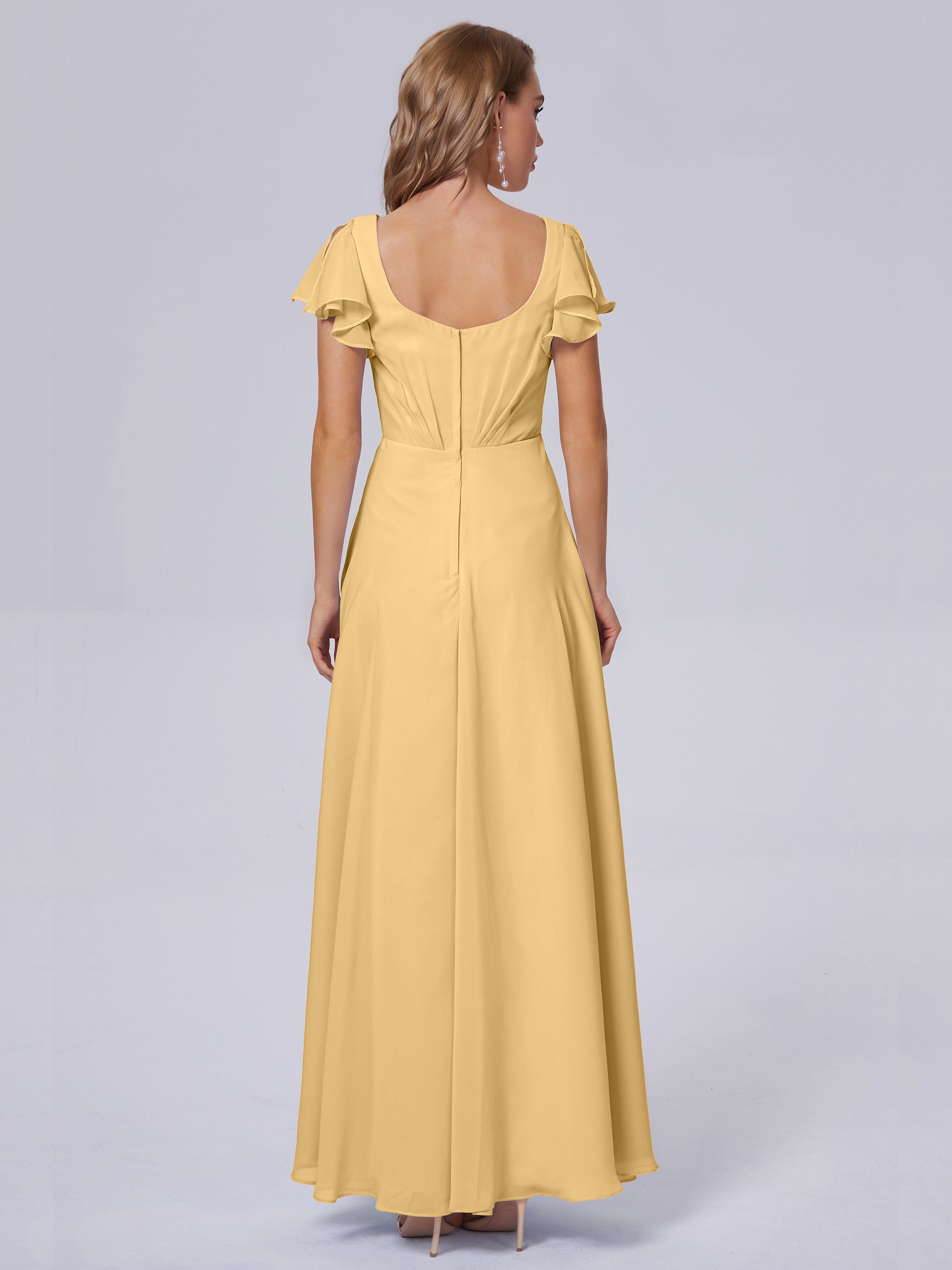 Robe De Demoiselle D'Honneur En Or Col V Mousseline Robes Demoiselle D'Honneur