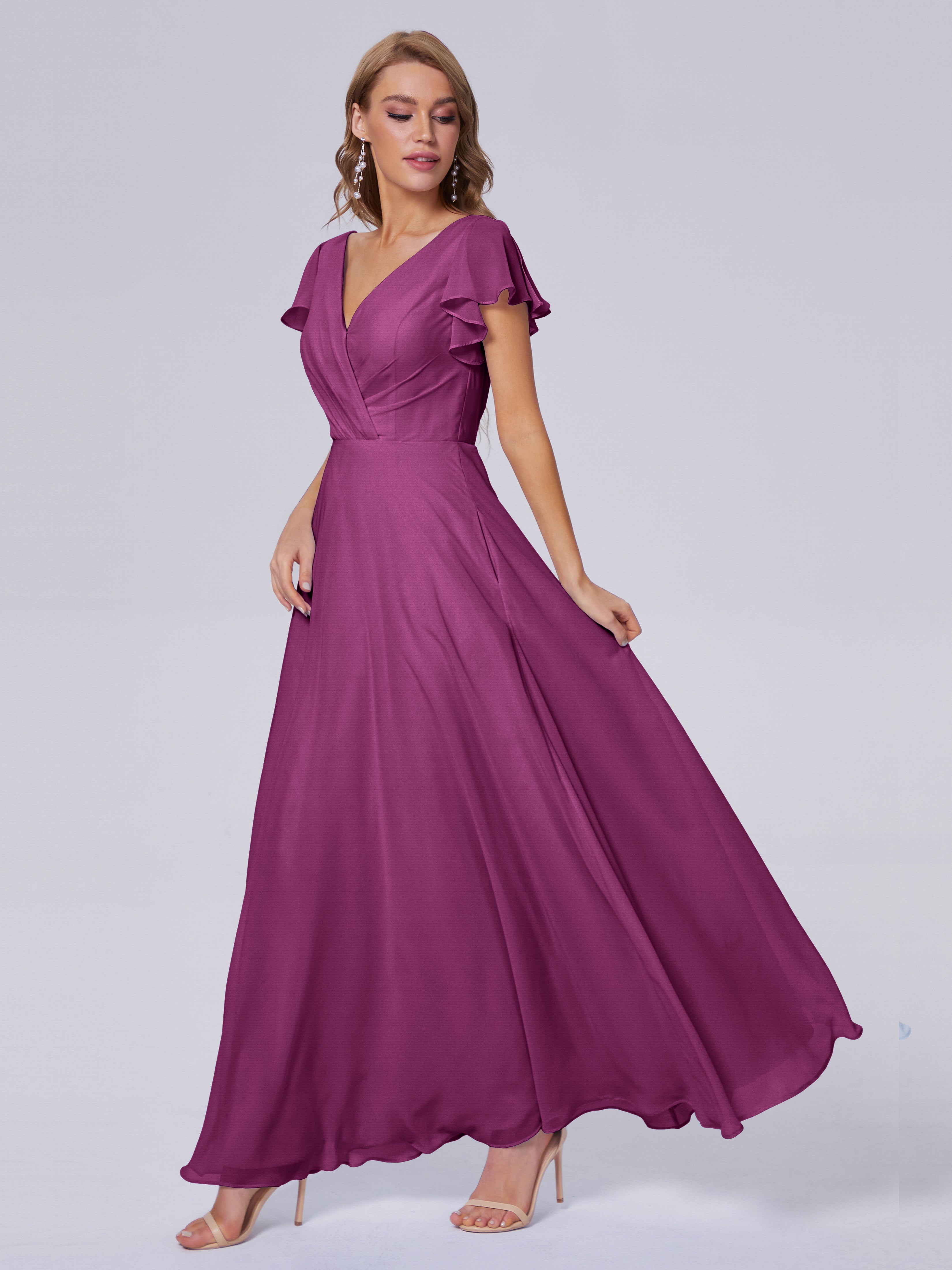 Robes De Demoiselle D'Honneur Orchidée Col V Mousseline Robes Demoiselle D'Honneur