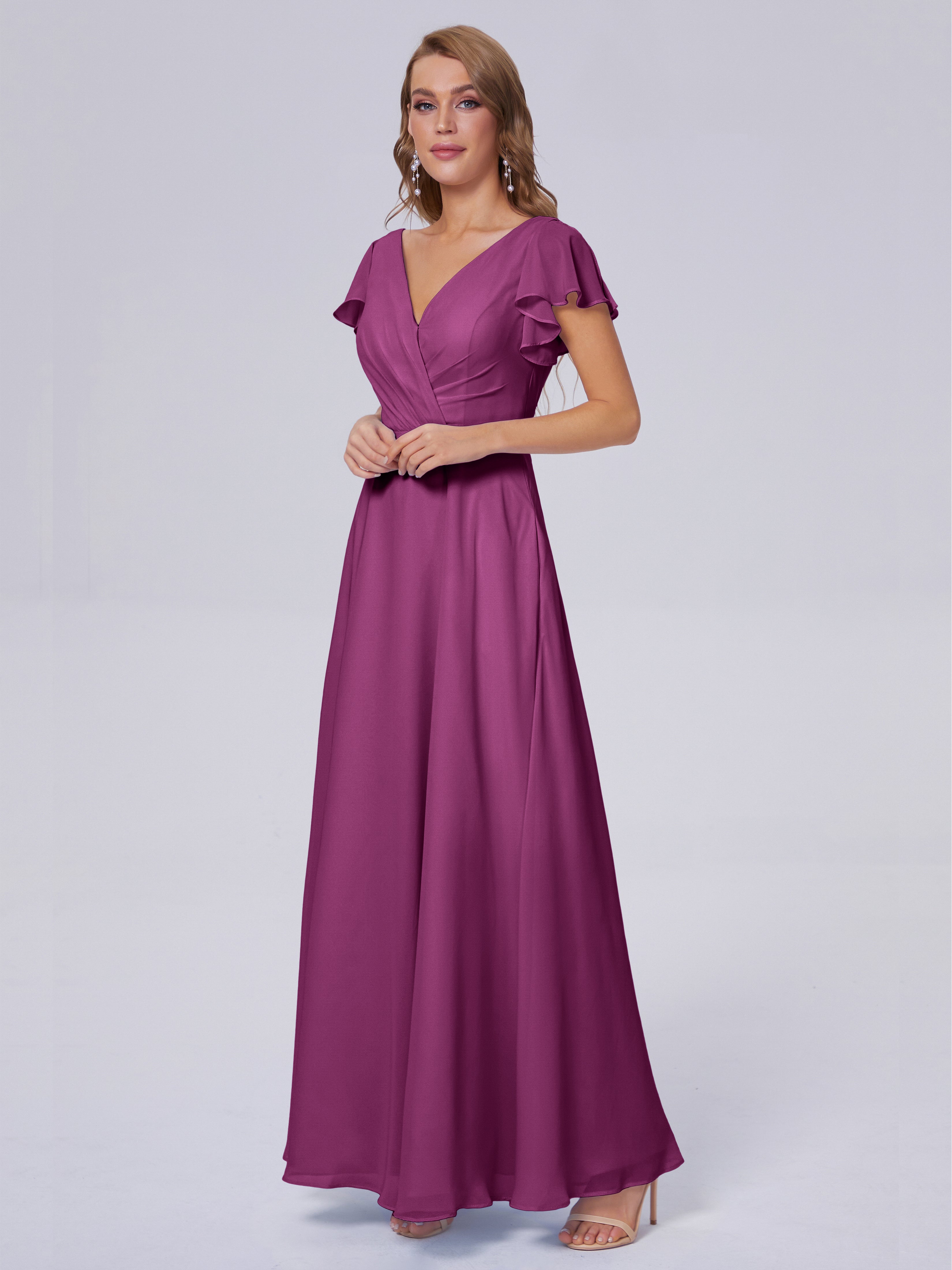 Robes De Demoiselle D'Honneur Orchidée Col V Mousseline Robes Demoiselle D'Honneur