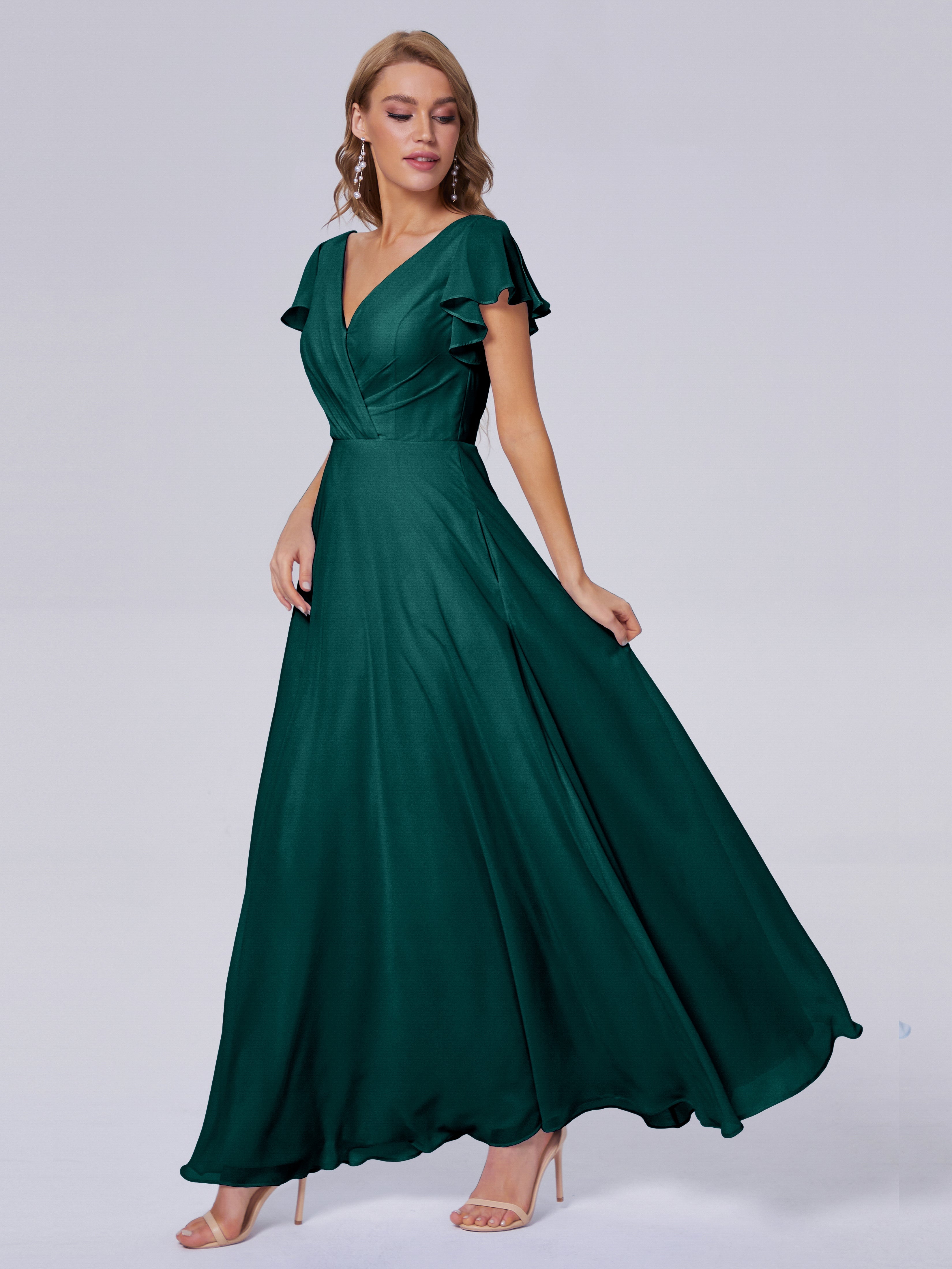 Robes De Demoiselle D'Honneur Couleur Paon Col V Mousseline Robes Demoiselle D'Honneur