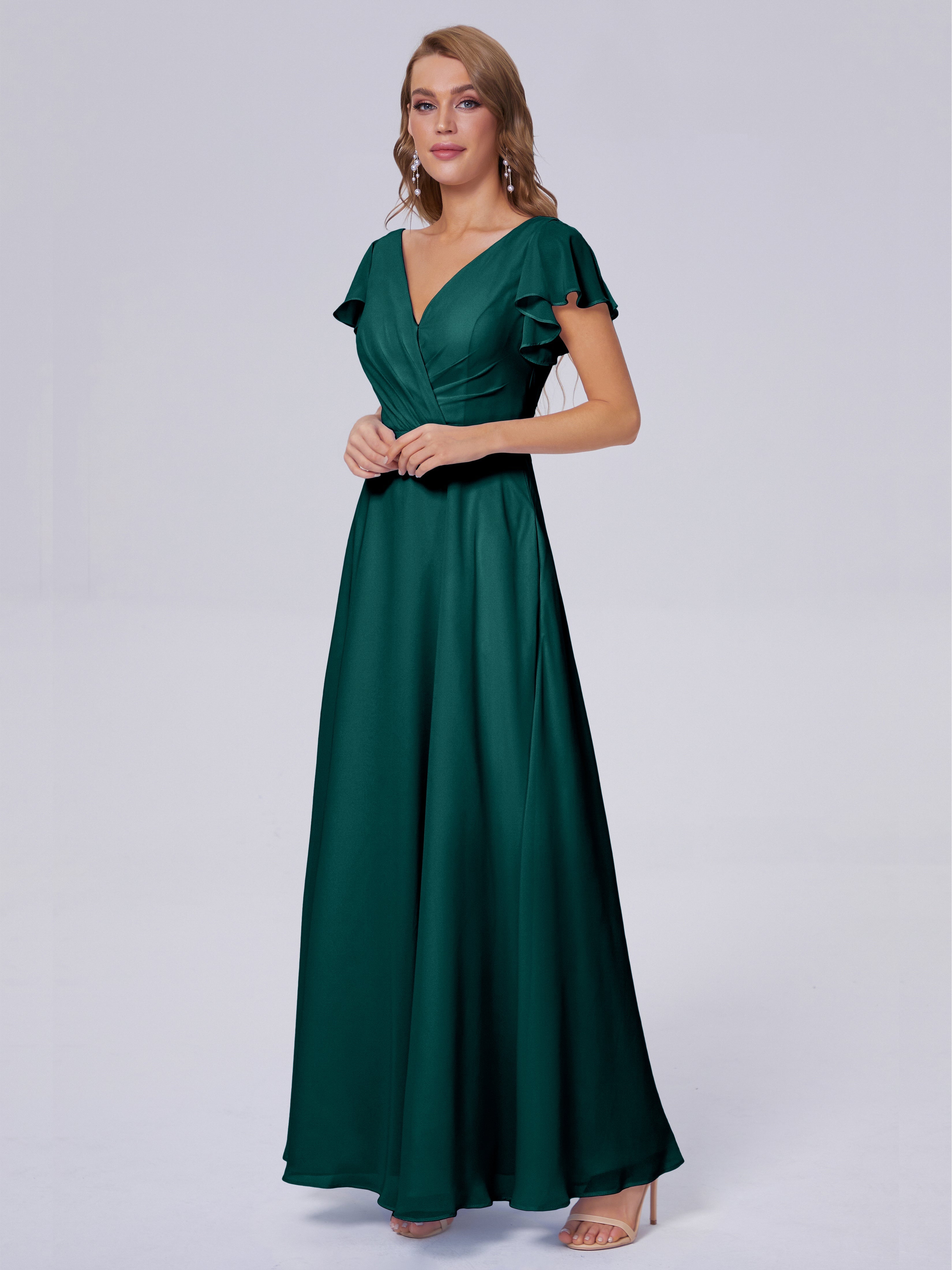 Robes De Demoiselle D'Honneur Couleur Paon Col V Mousseline Robes Demoiselle D'Honneur