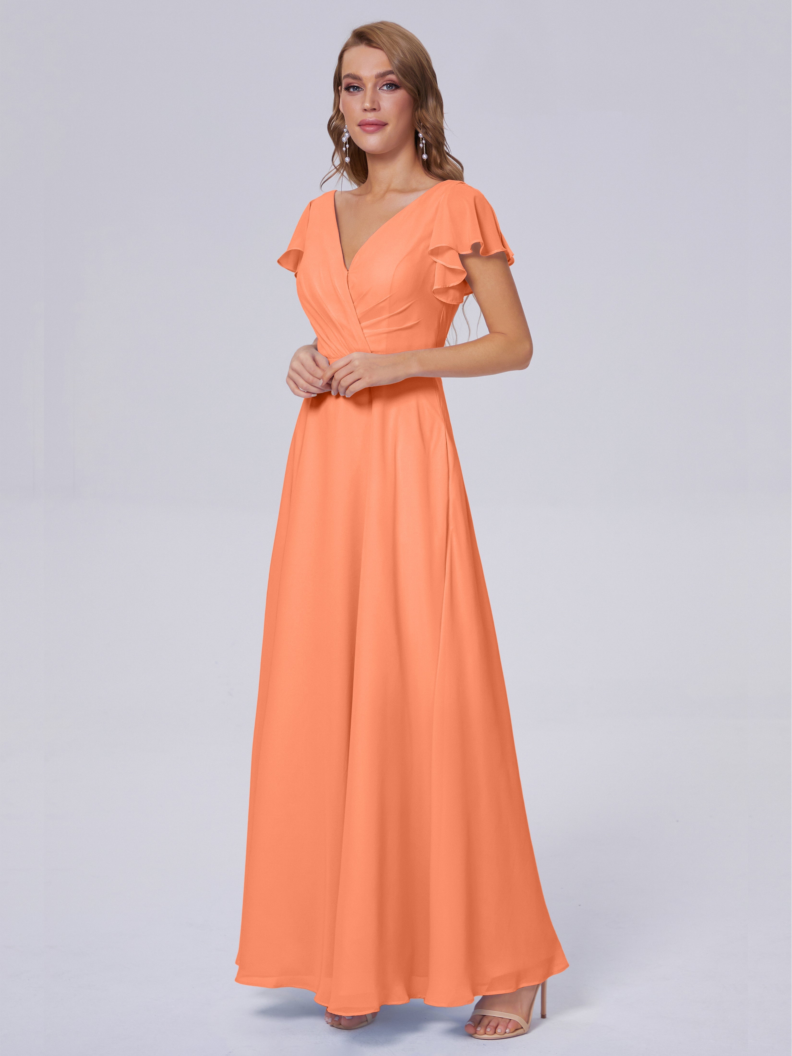 Robes De Demoiselle D'Honneur Papaye Col V Mousseline Robes Demoiselle D'Honneur