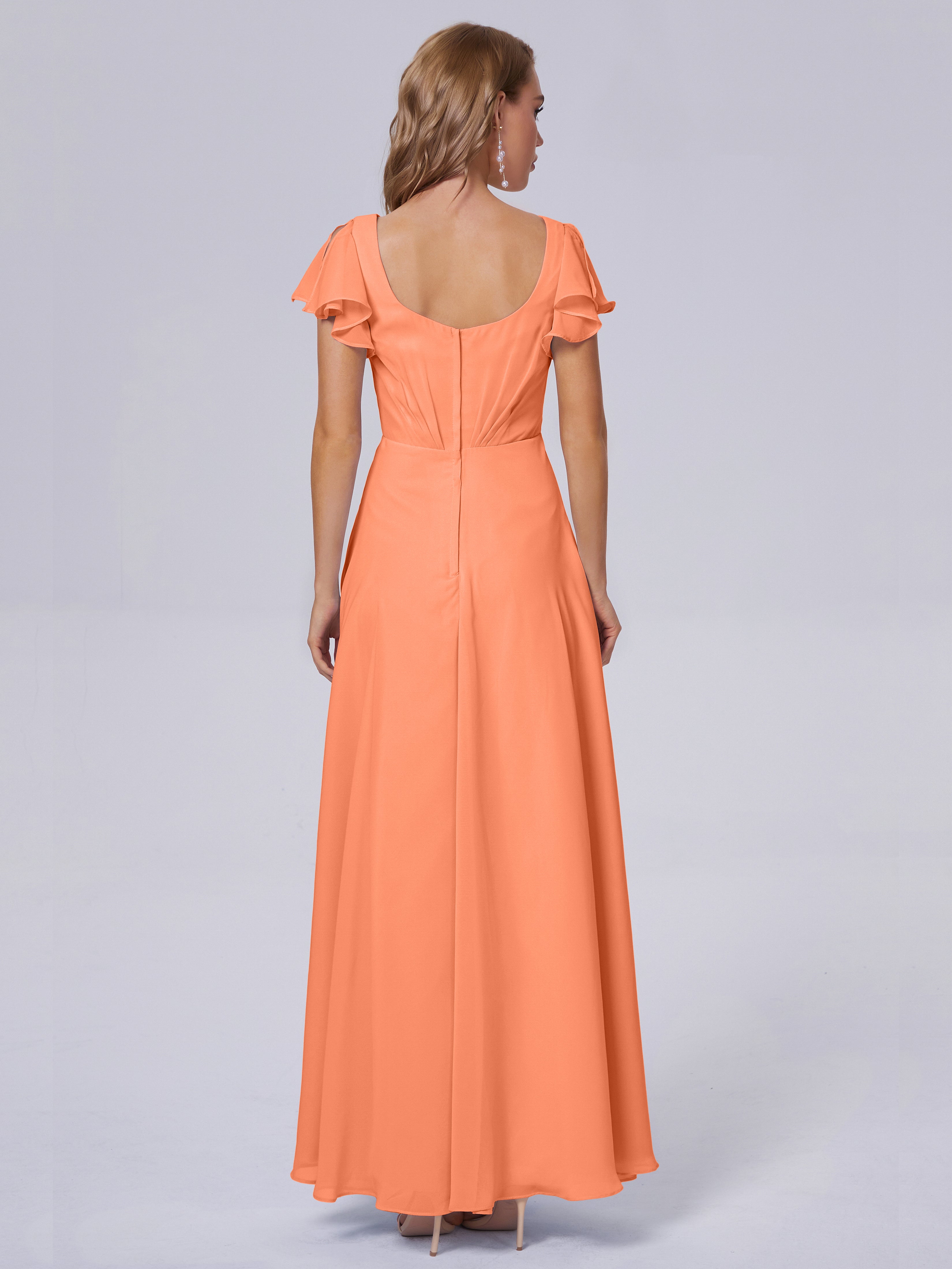 Robes De Demoiselle D'Honneur Papaye Col V Mousseline Robes Demoiselle D'Honneur