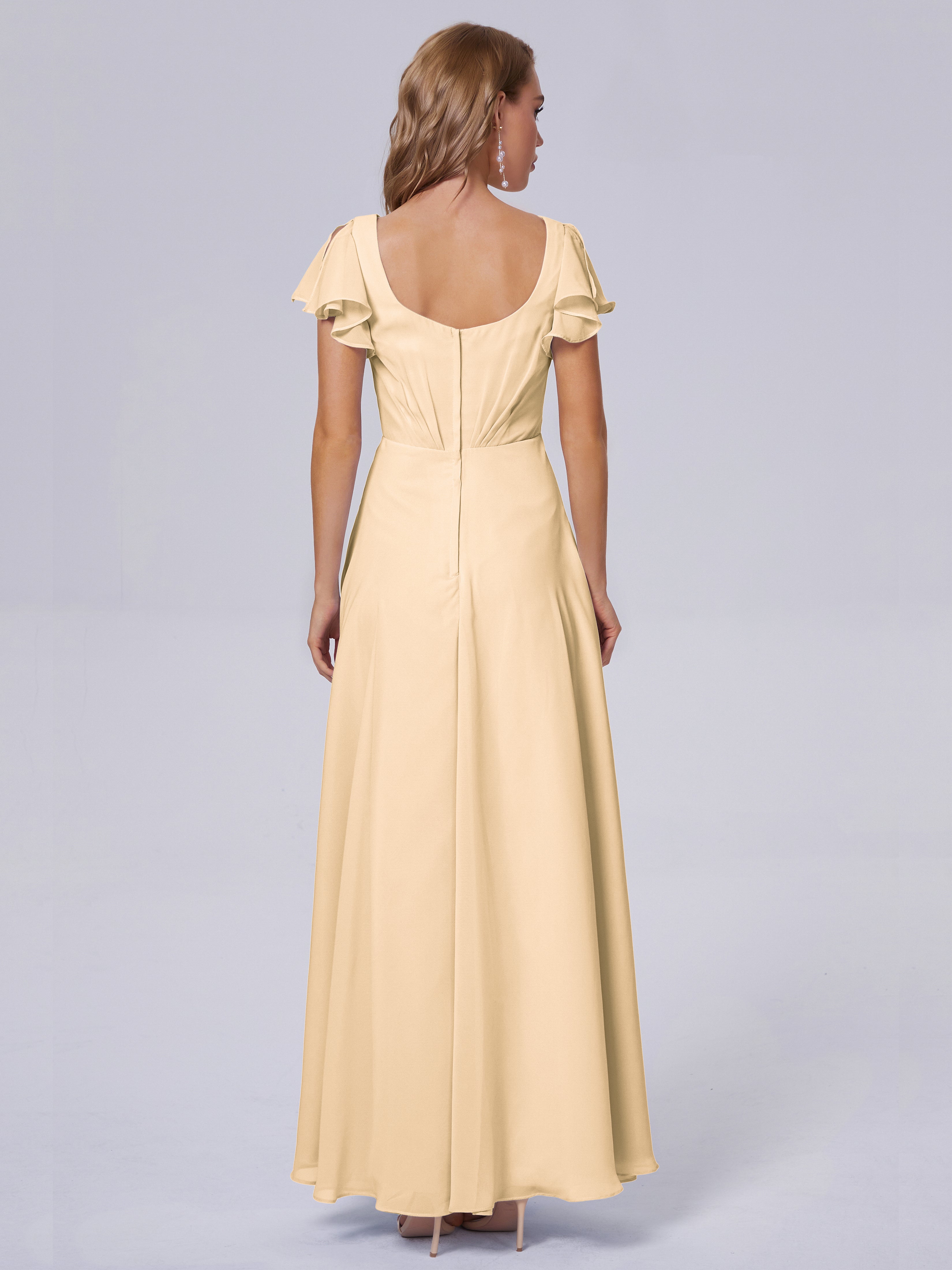 Robes De Demoiselle D'Honneur Pêche Col V Mousseline Robes Demoiselle D'Honneur
