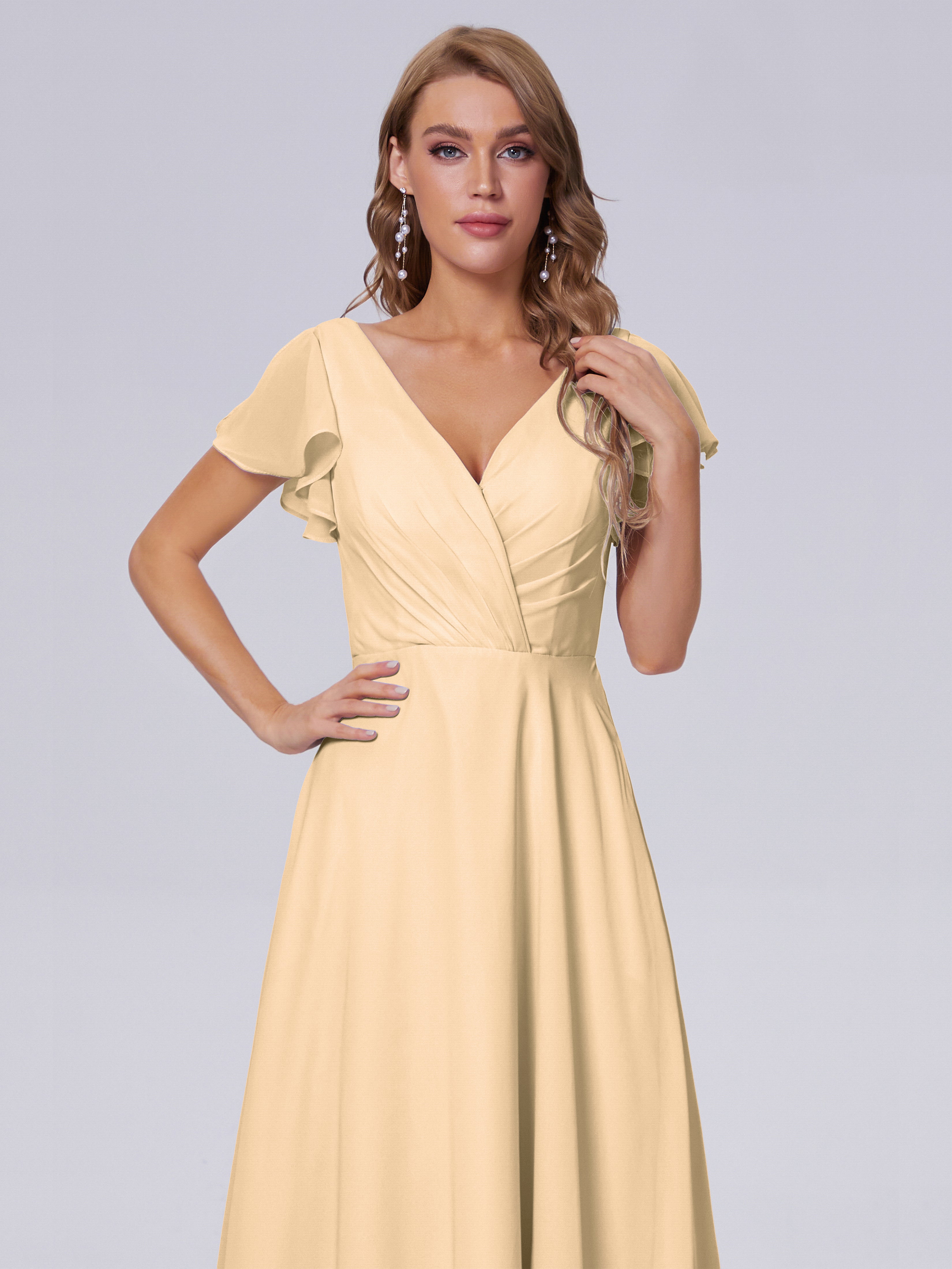 Robes De Demoiselle D'Honneur Pêche Col V Mousseline Robes Demoiselle D'Honneur