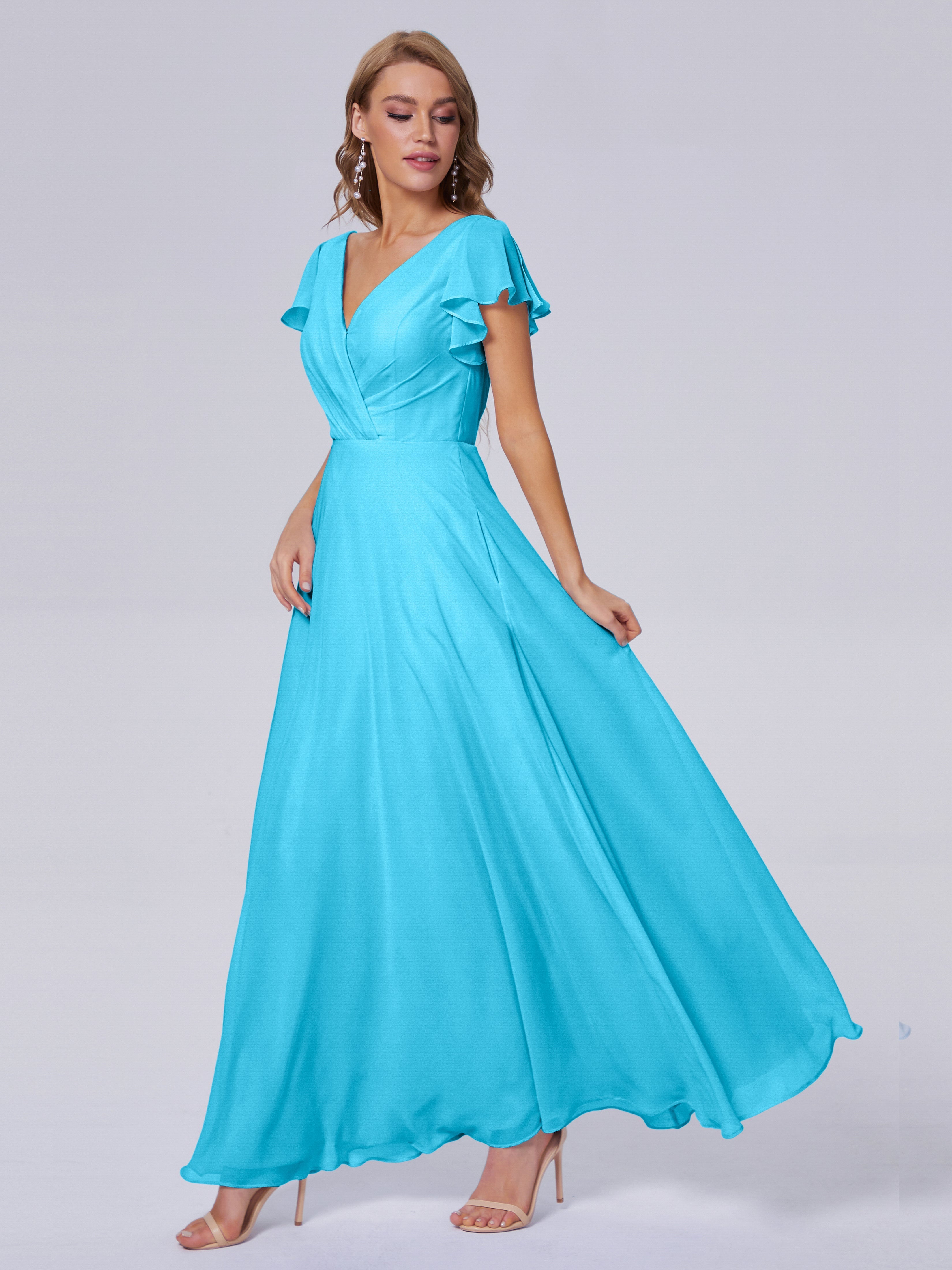 Robes De Demoiselle D'Honneur Bleu Océan Col V Mousseline Robes Demoiselle D'Honneur