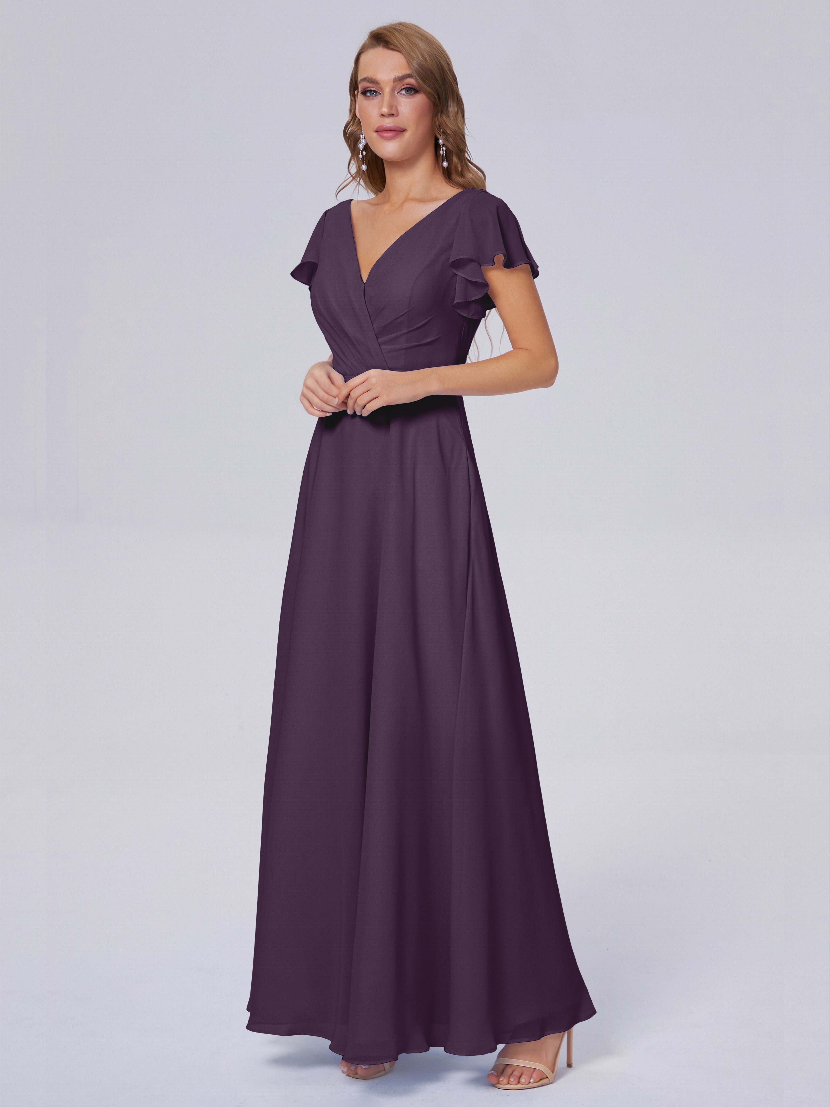 Robe De Demoiselle D'Honneur En Plum Col V Mousseline Robes Demoiselle D'Honneur