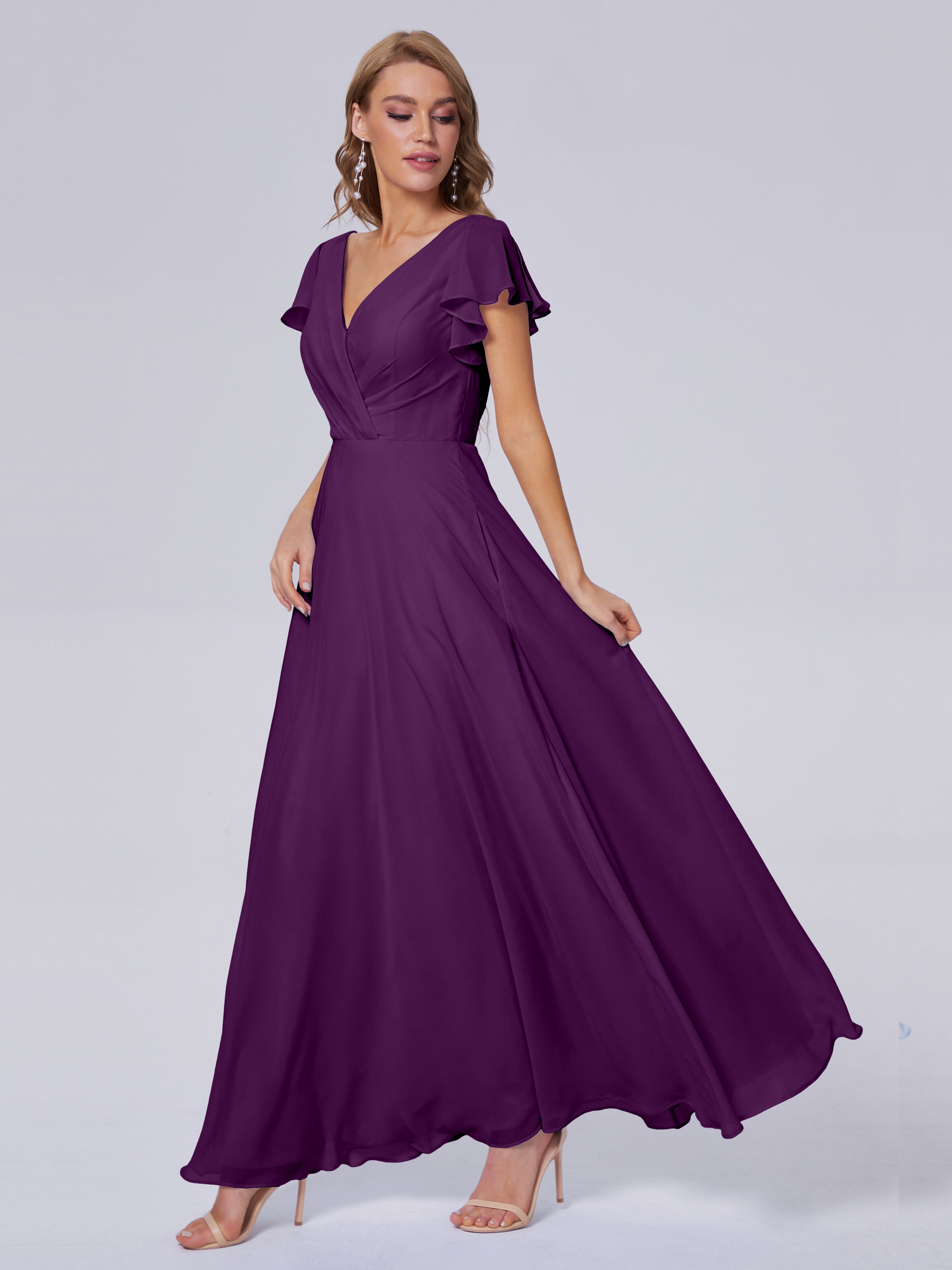 Robes De Demoiselle D'Honneur En Raisin Col V Mousseline Robes Demoiselle D'Honneur