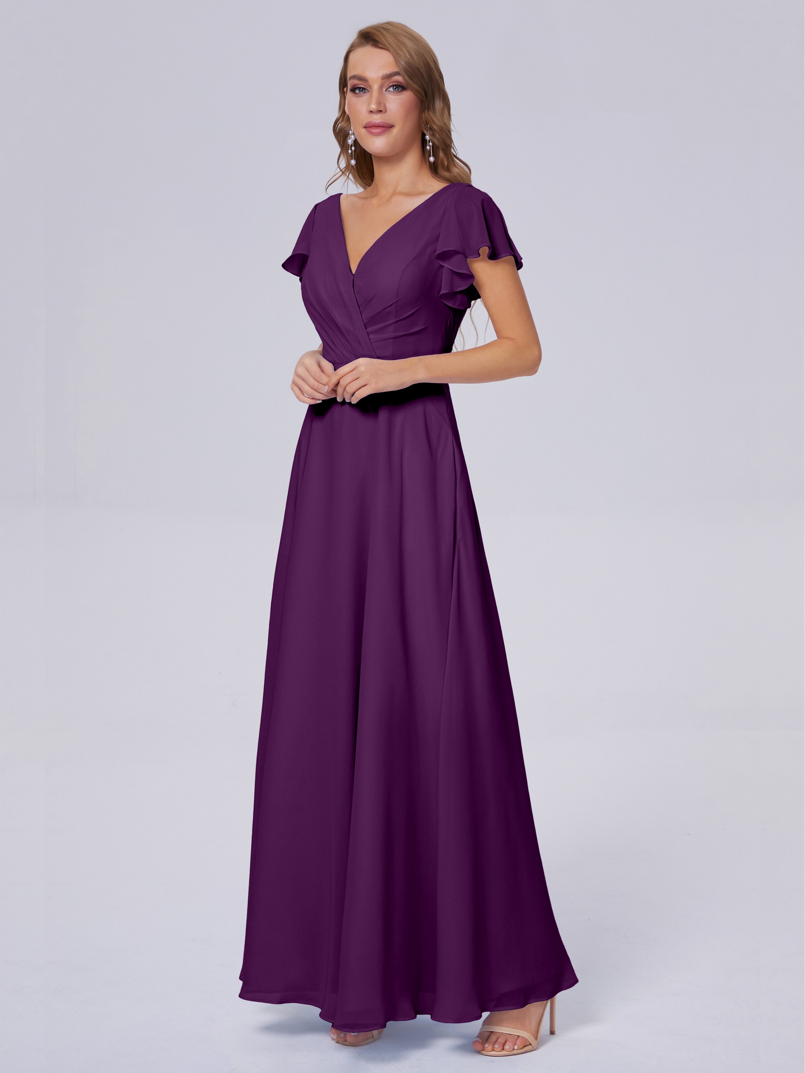 Robes De Demoiselle D'Honneur En Raisin Col V Mousseline Robes Demoiselle D'Honneur