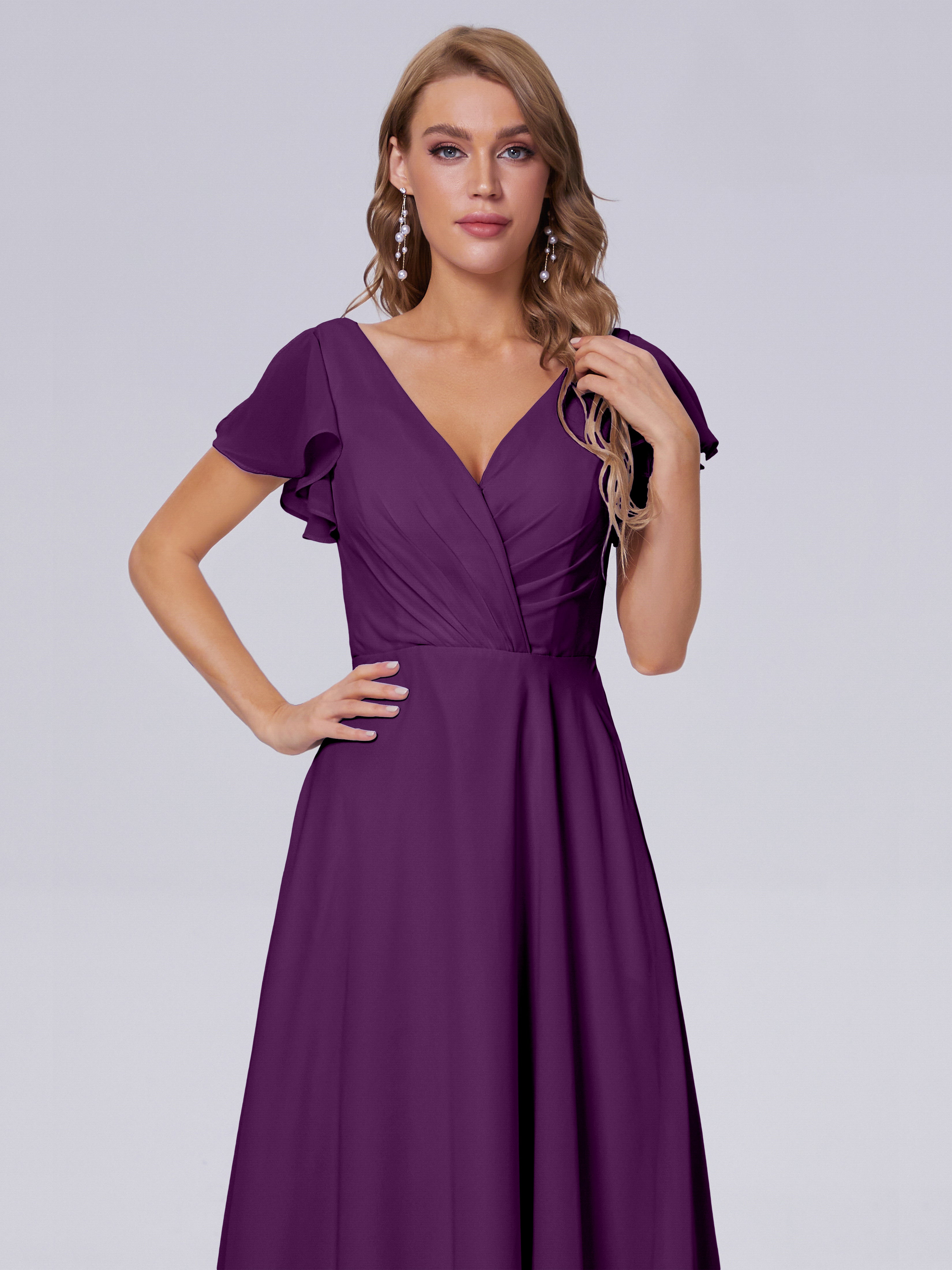 Robes De Demoiselle D'Honneur En Raisin Col V Mousseline Robes Demoiselle D'Honneur