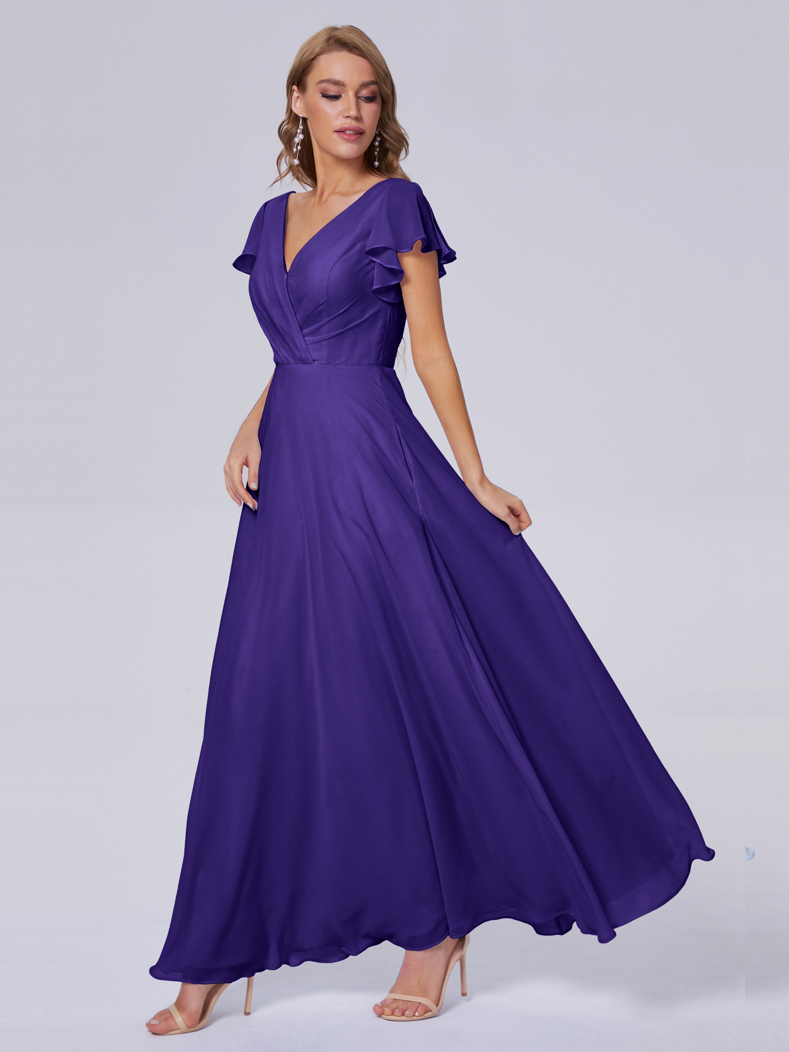 Robes De Demoiselle D'Honneur En Régence Col V Mousseline Robes Demoiselle D'Honneur