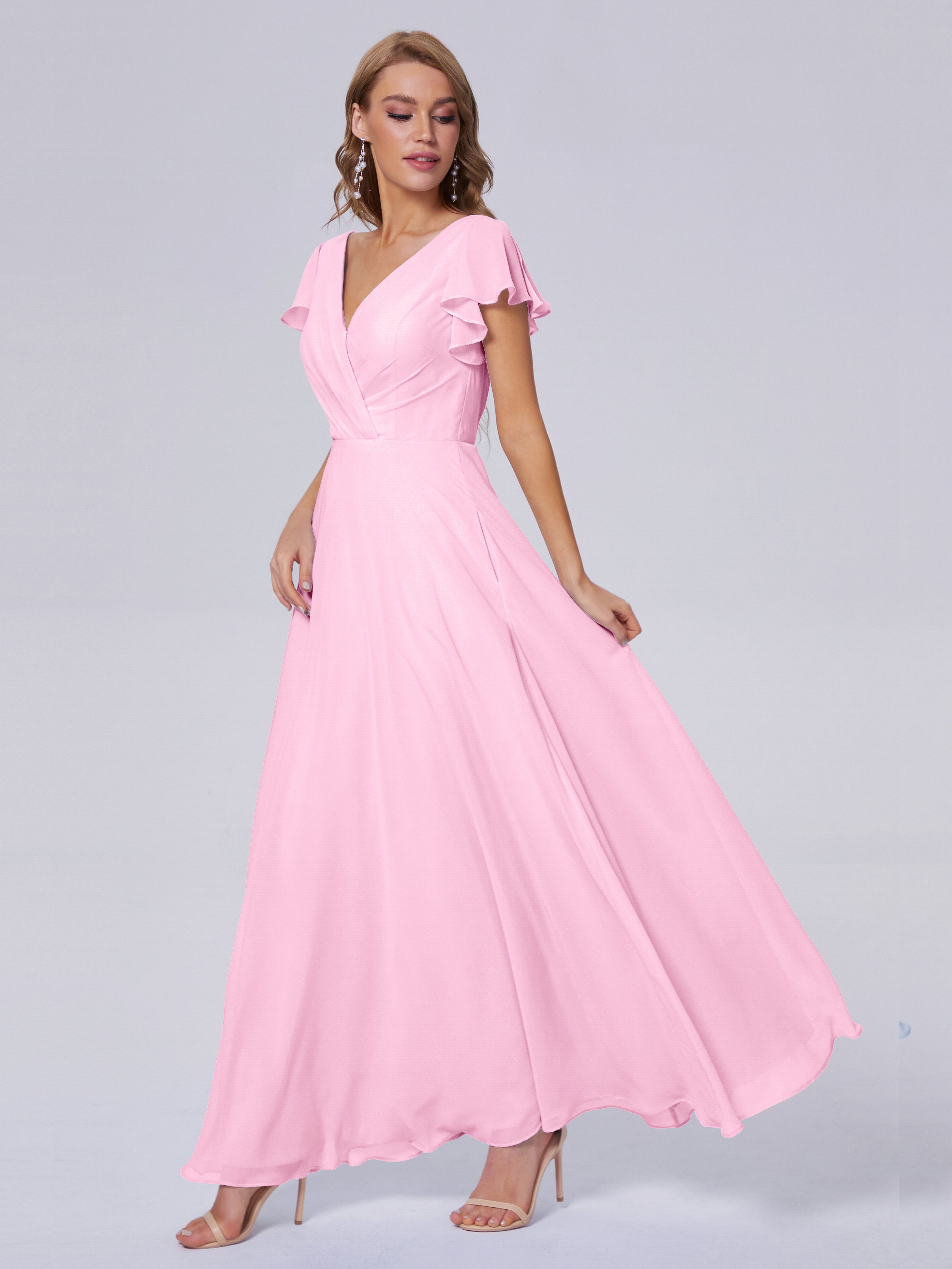Robes De Demoiselle D'Honneur Rose Bonbon Col V Mousseline Robes Demoiselle D'Honneur