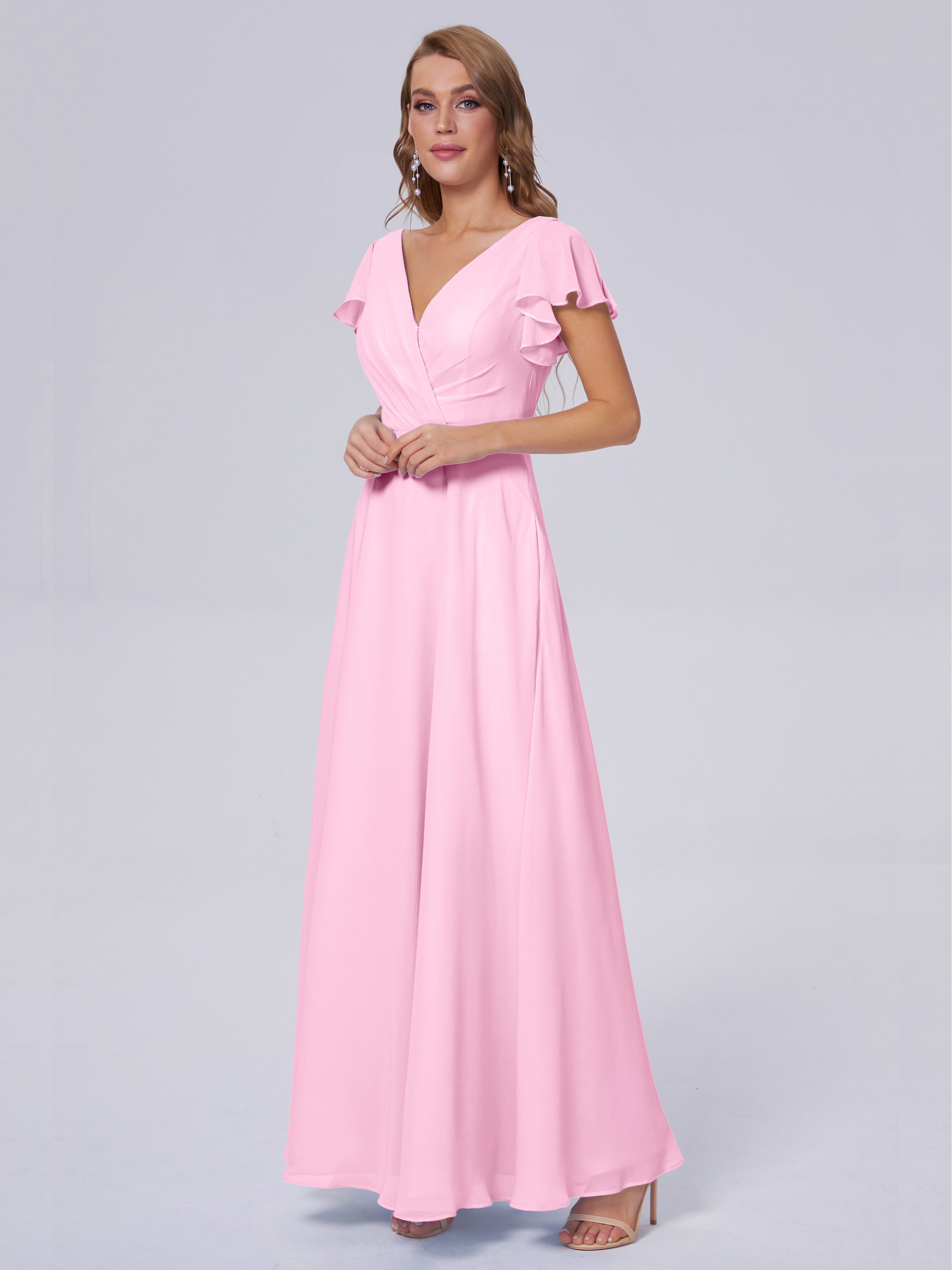Robes De Demoiselle D'Honneur Rose Bonbon Col V Mousseline Robes Demoiselle D'Honneur