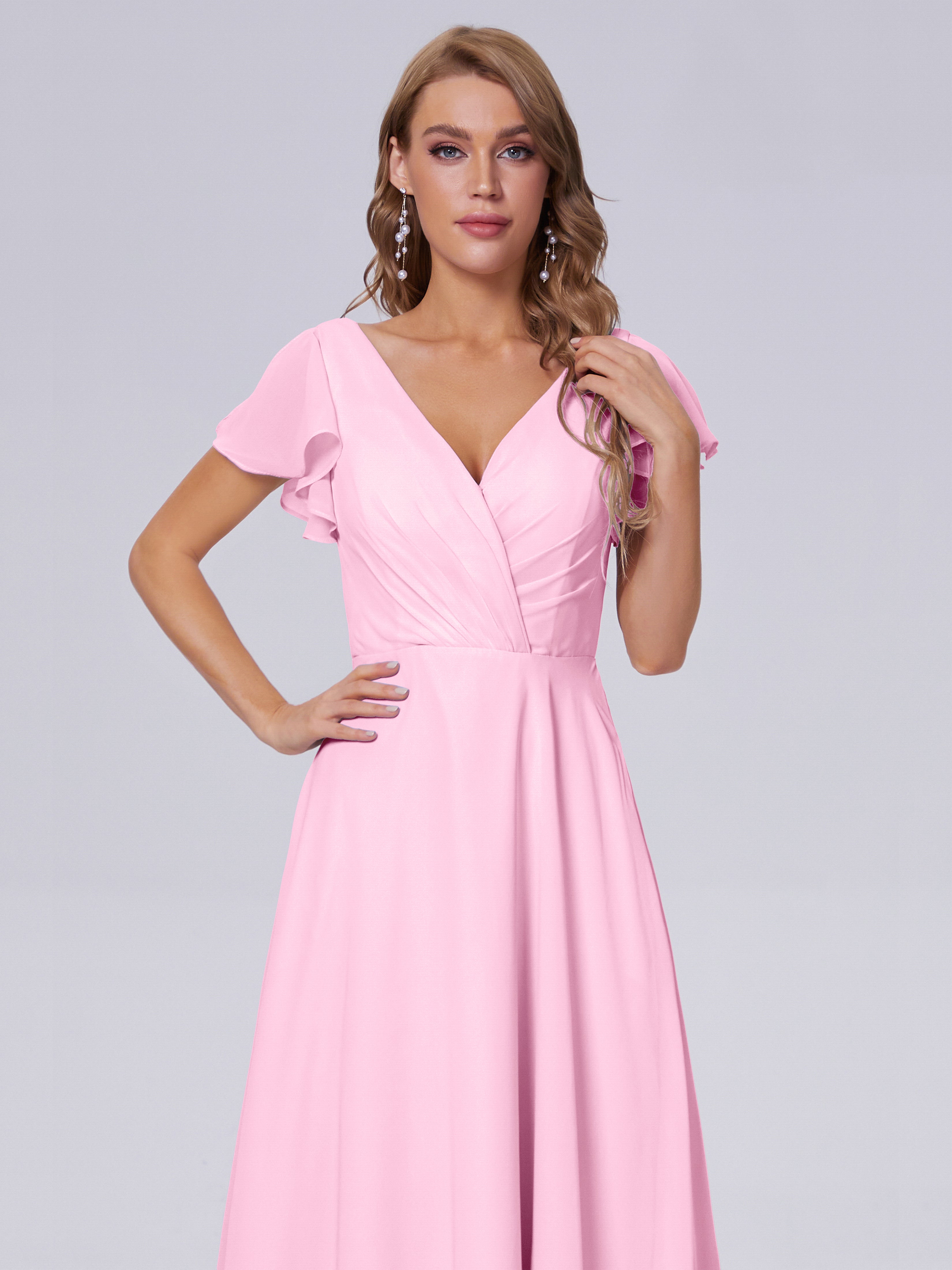 Robes De Demoiselle D'Honneur Rose Bonbon Col V Mousseline Robes Demoiselle D'Honneur