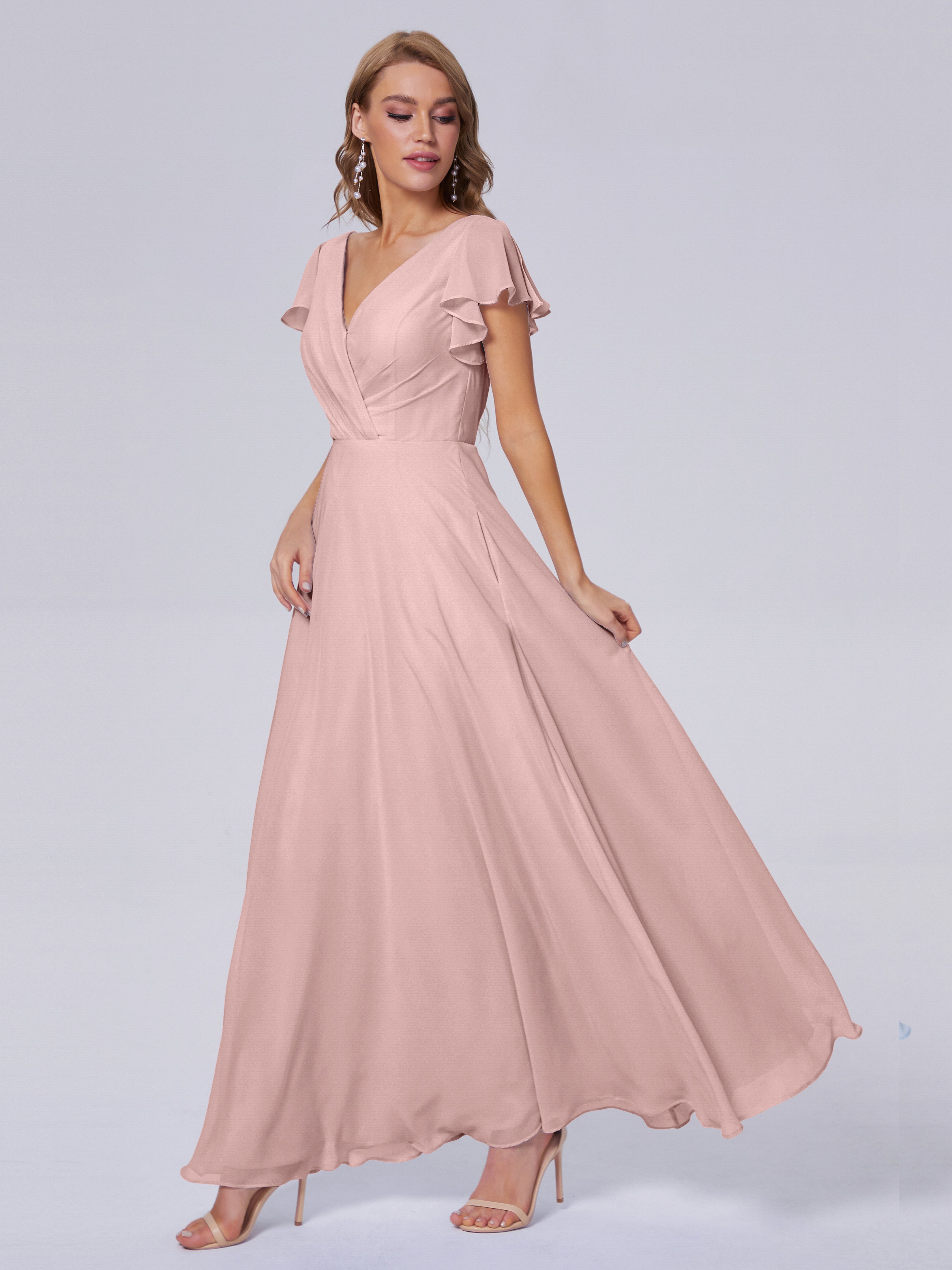 Robes De Demoiselle D'Honneur Rose Poussiéreux Col V Mousseline Robes Demoiselle D'Honneur