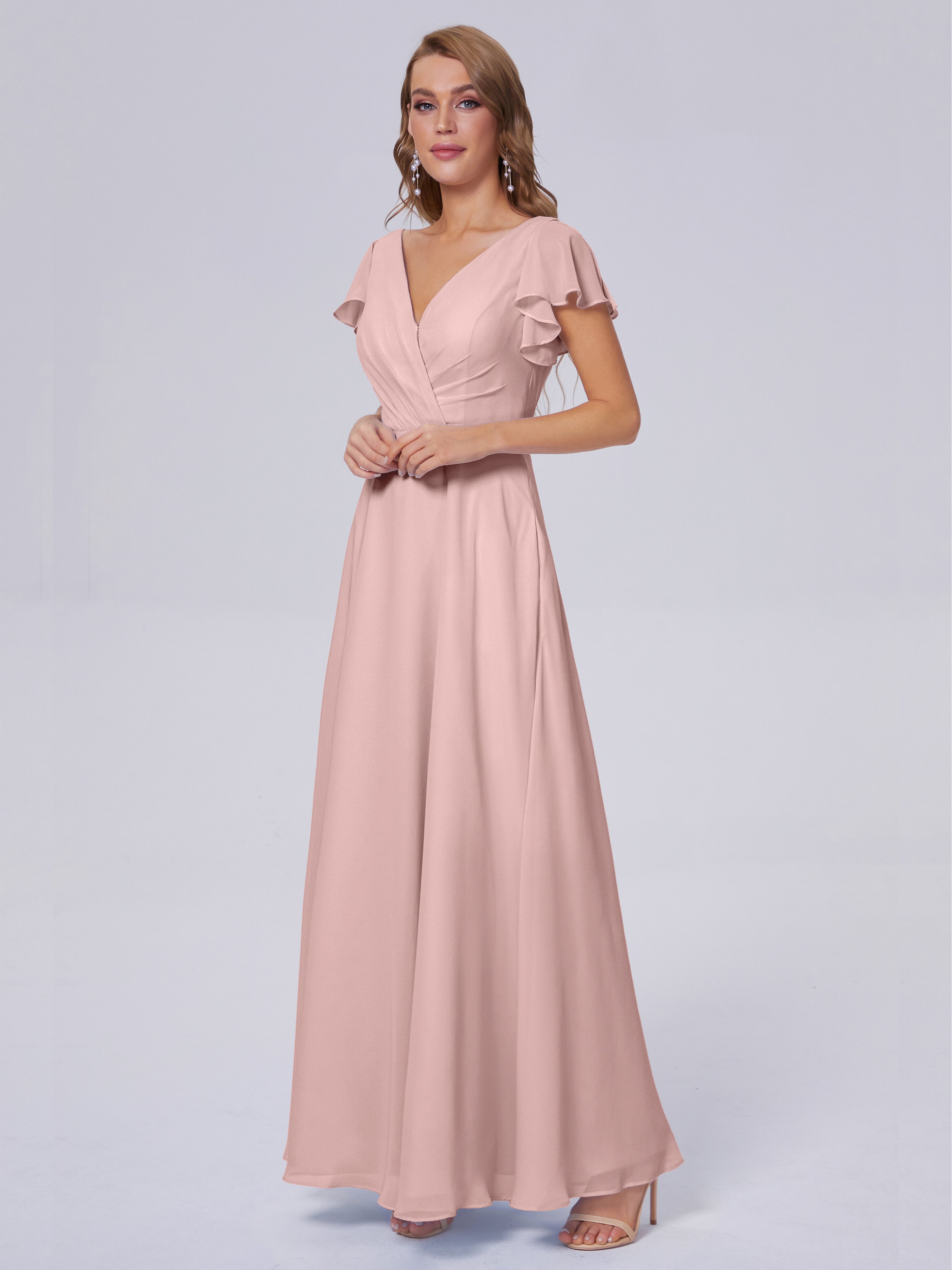 Robes De Demoiselle D'Honneur Rose Poussiéreux Col V Mousseline Robes Demoiselle D'Honneur