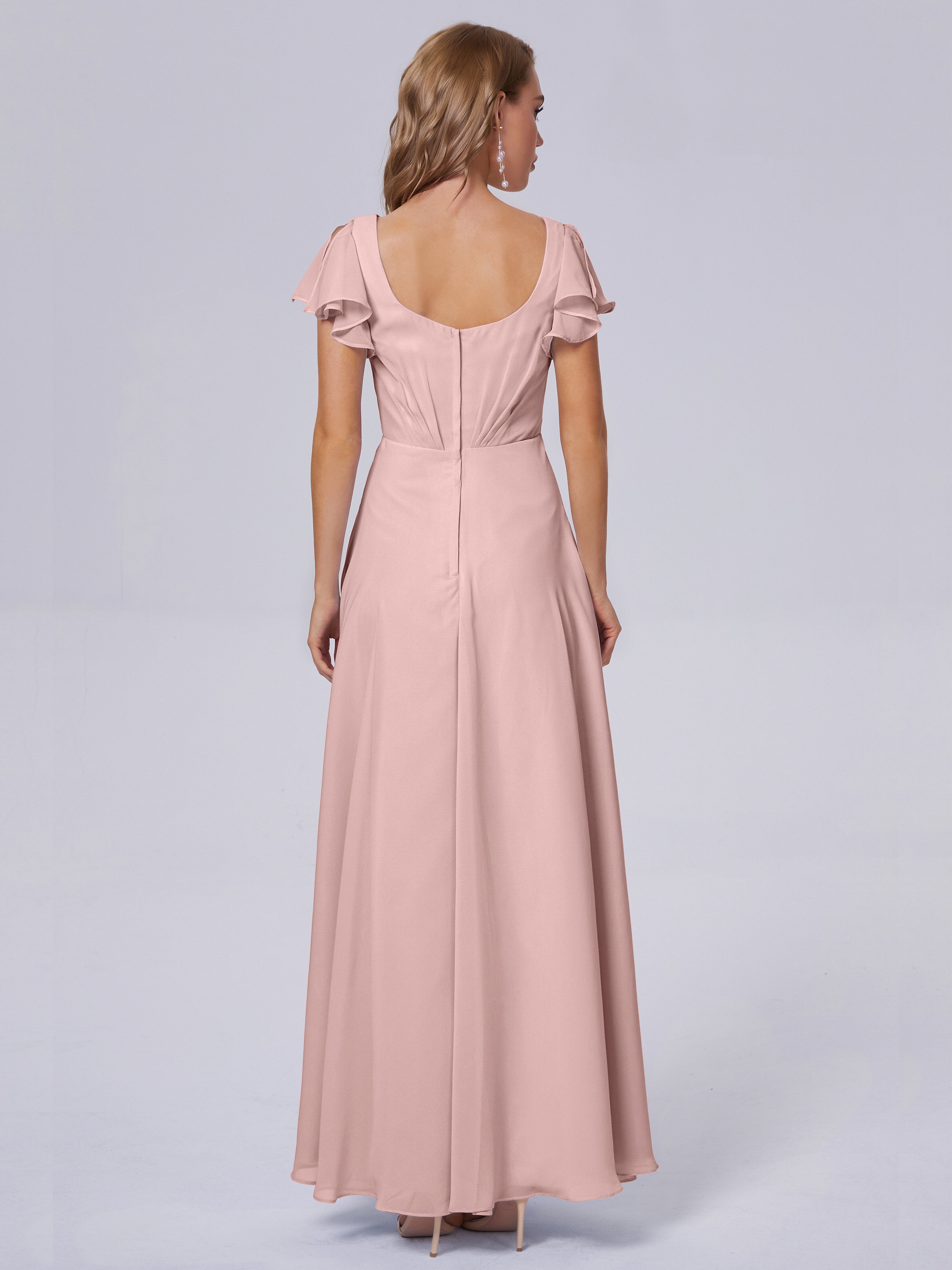 Robes De Demoiselle D'Honneur Rose Poussiéreux Col V Mousseline Robes Demoiselle D'Honneur