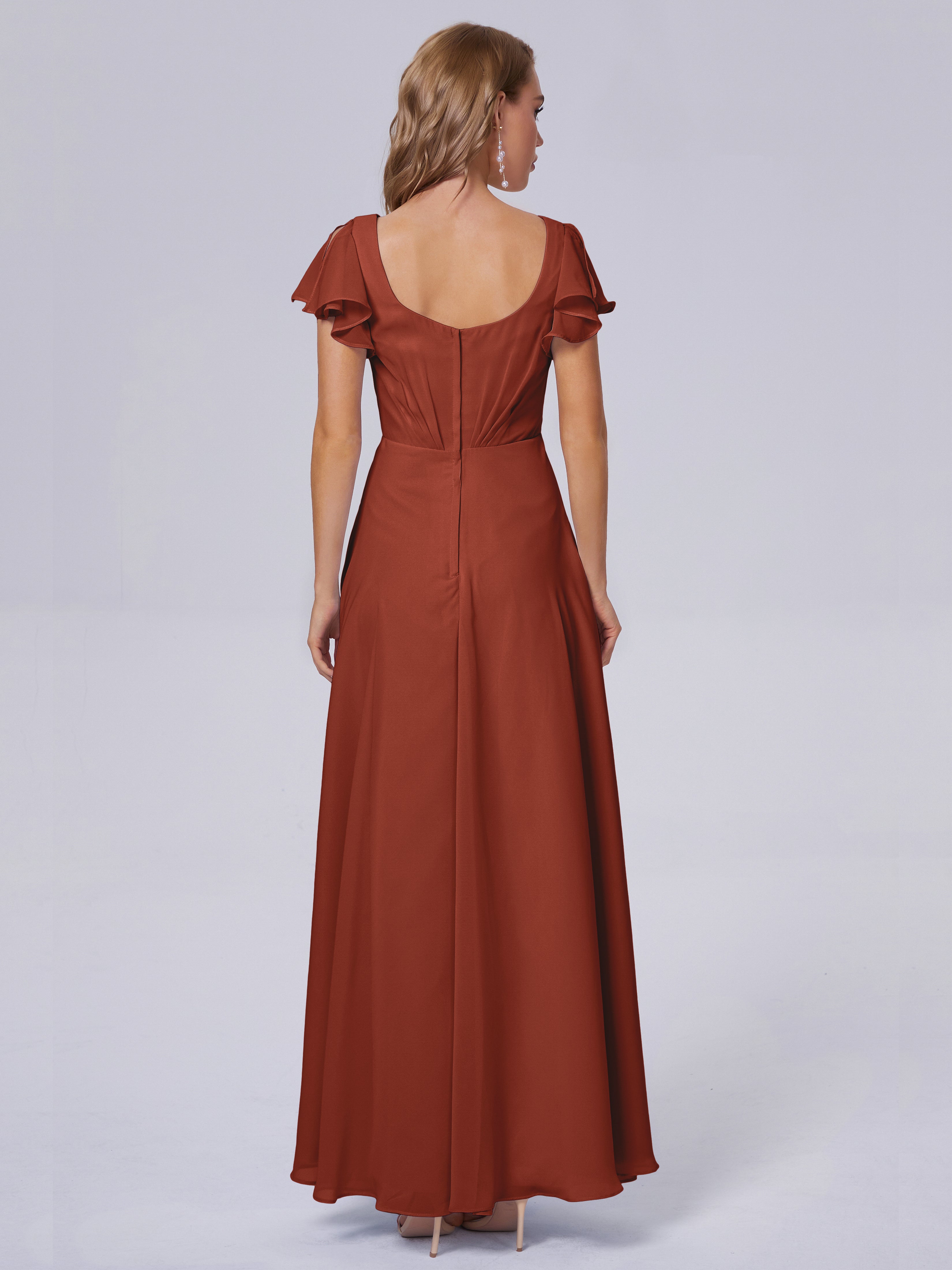 Robe De Demoiselle D'Honneur Rouille Col V Mousseline Robes Demoiselle D'Honneur