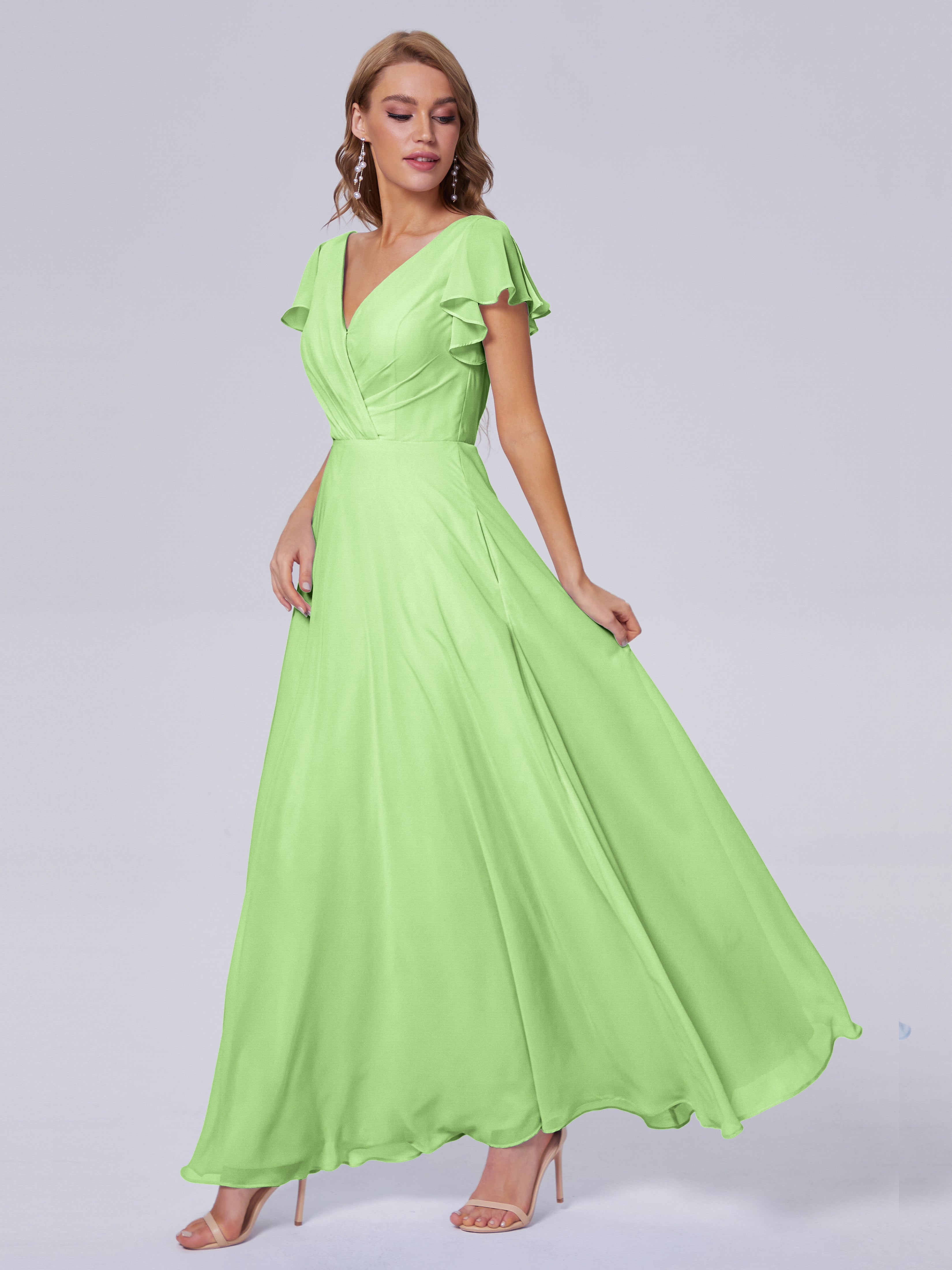 Robes De Demoiselle D'Honneur Vert Sauge Col V Mousseline Robes Demoiselle D'Honneur