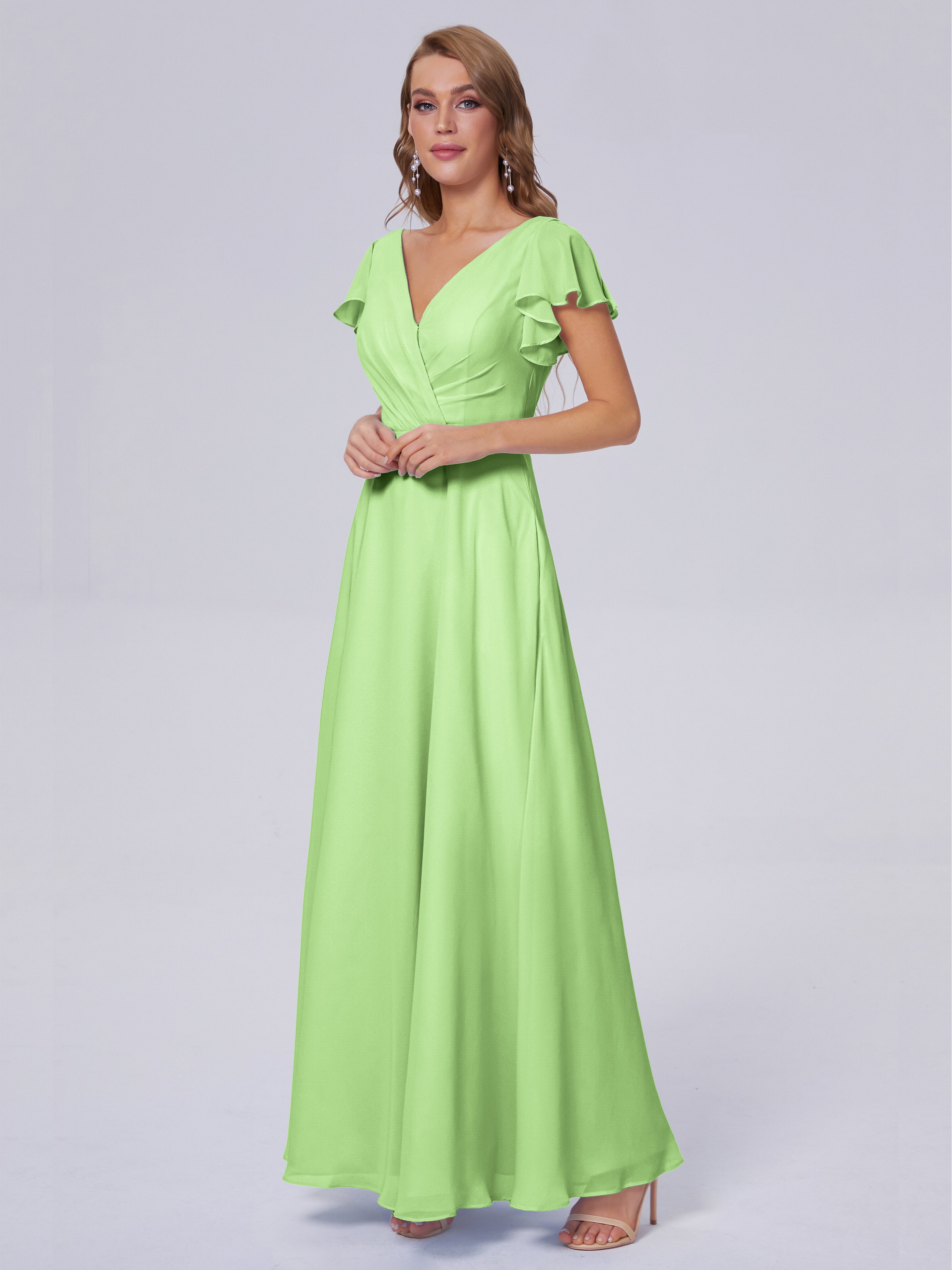 Robes De Demoiselle D'Honneur Vert Sauge Col V Mousseline Robes Demoiselle D'Honneur