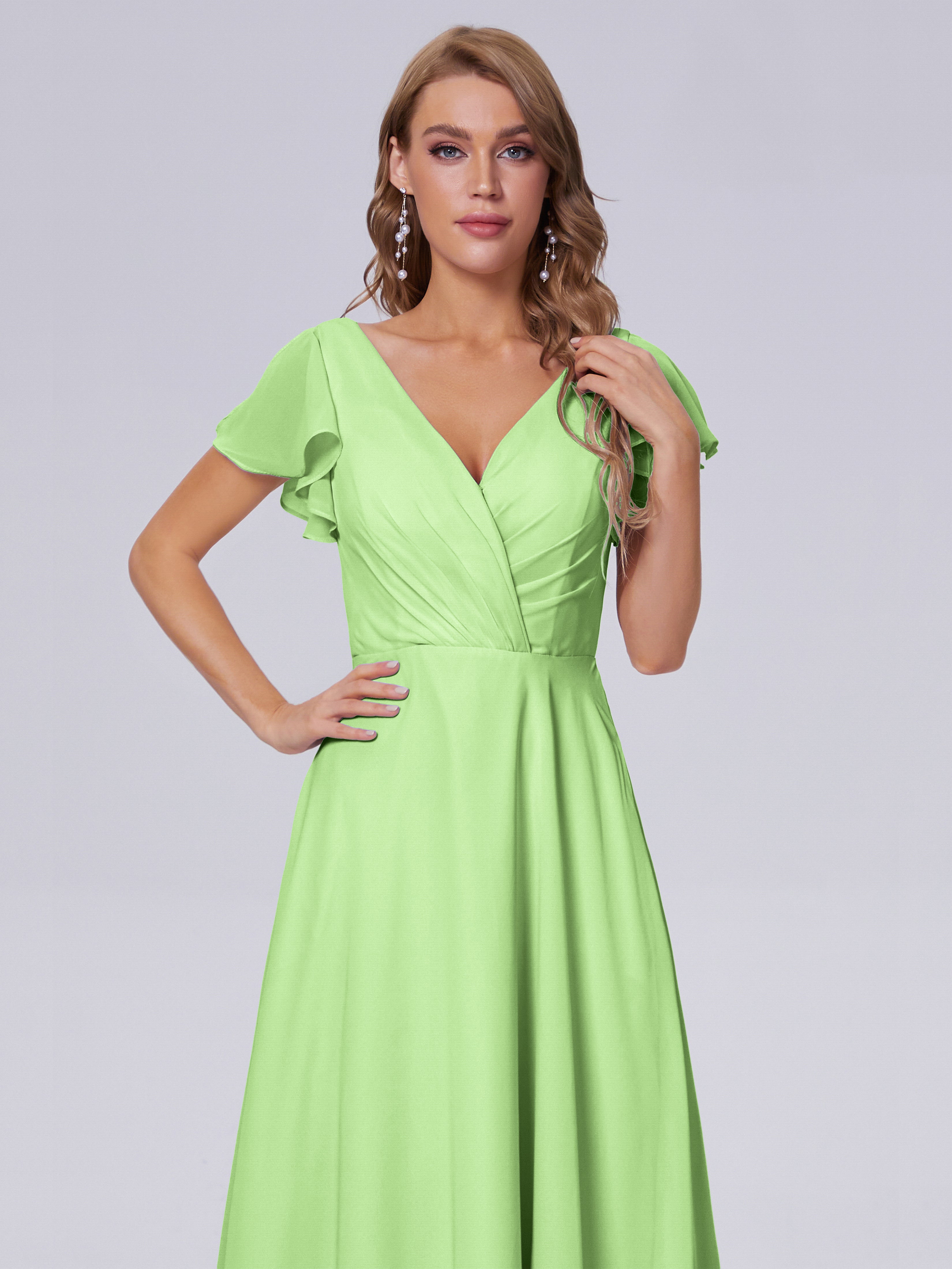 Robes De Demoiselle D'Honneur Vert Sauge Col V Mousseline Robes Demoiselle D'Honneur