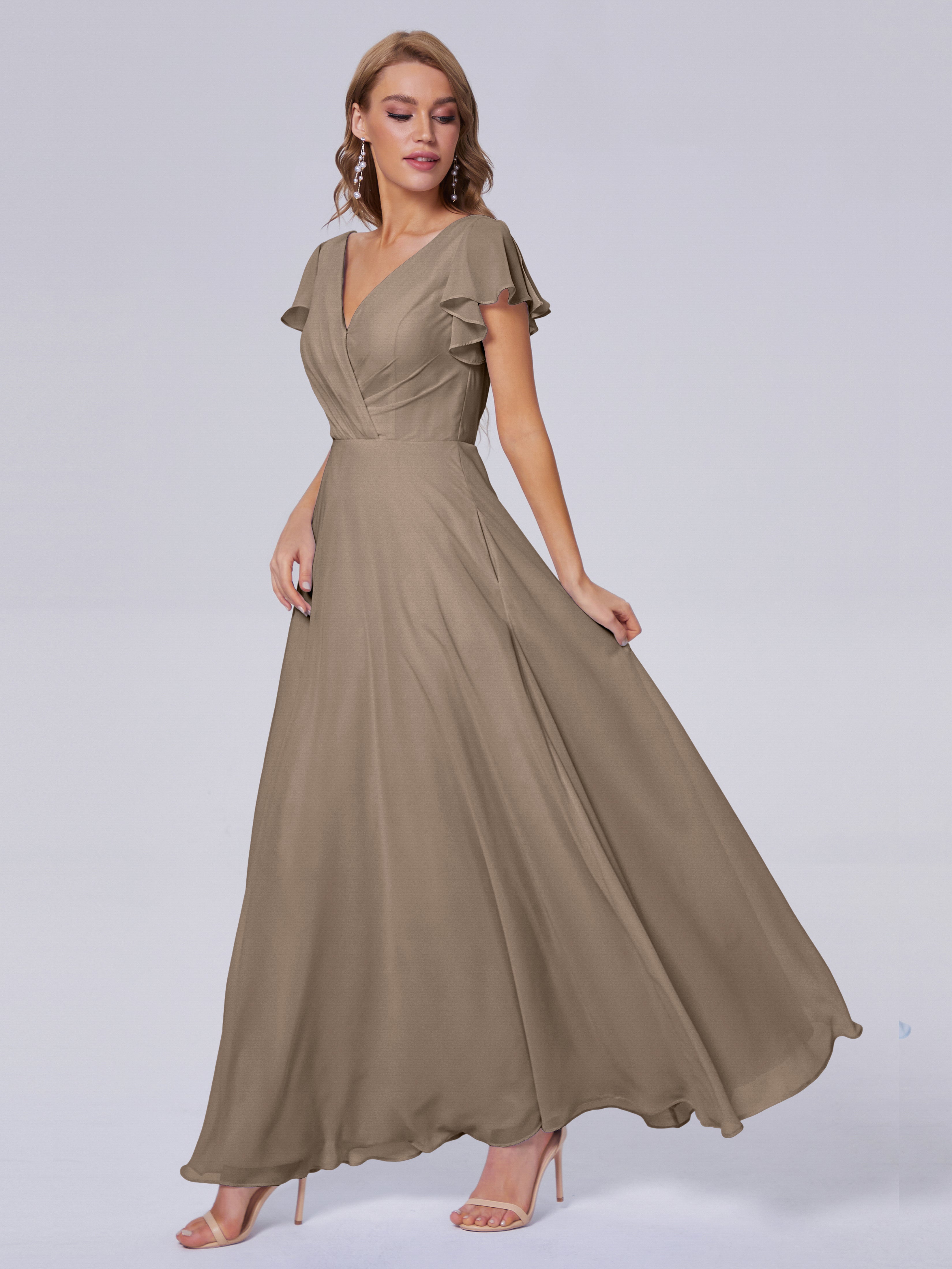 Robe Ceremonie Taupe Col V Mousseline Robes Demoiselle D'Honneur