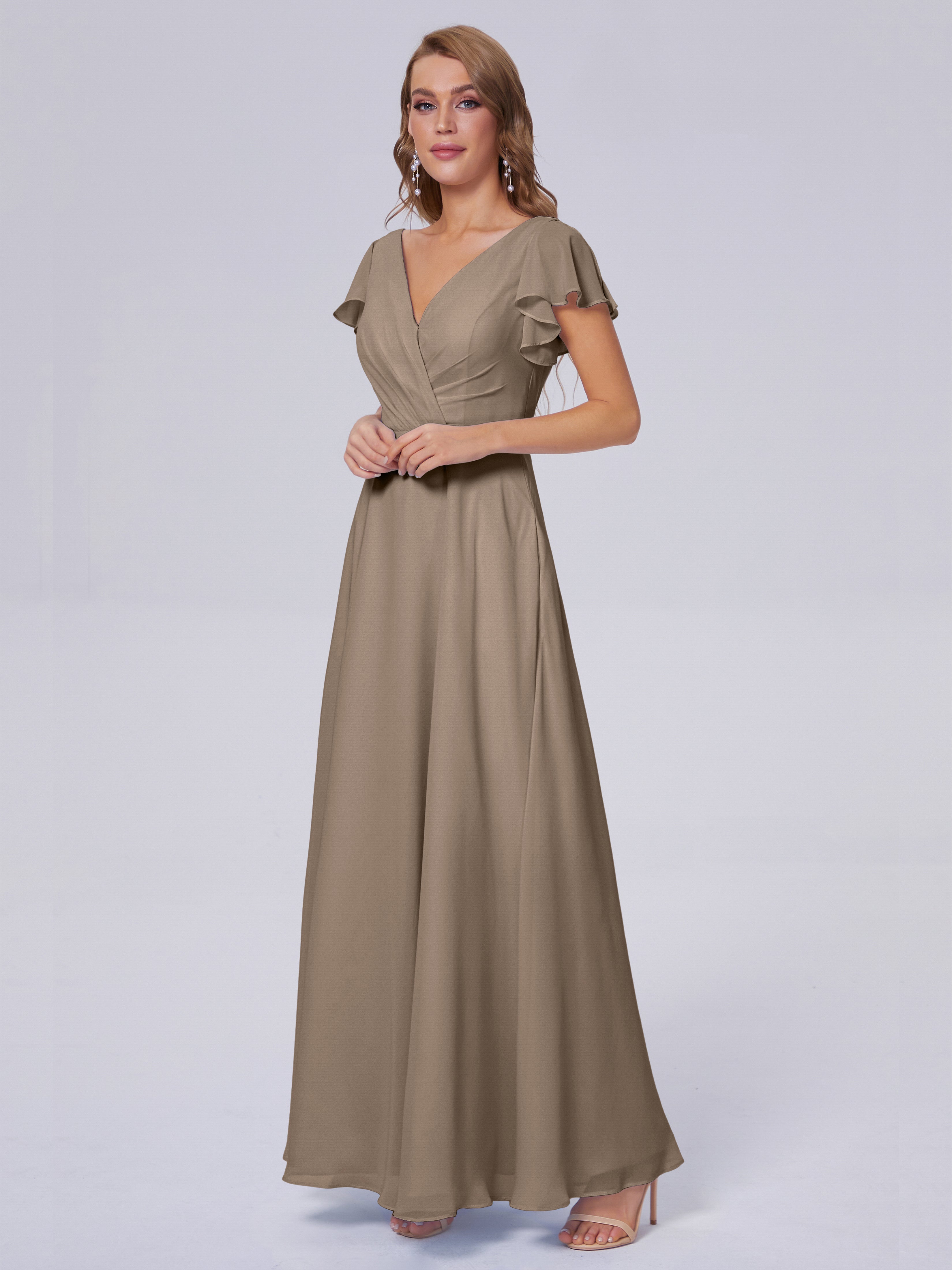 Robe Ceremonie Taupe Col V Mousseline Robes Demoiselle D'Honneur