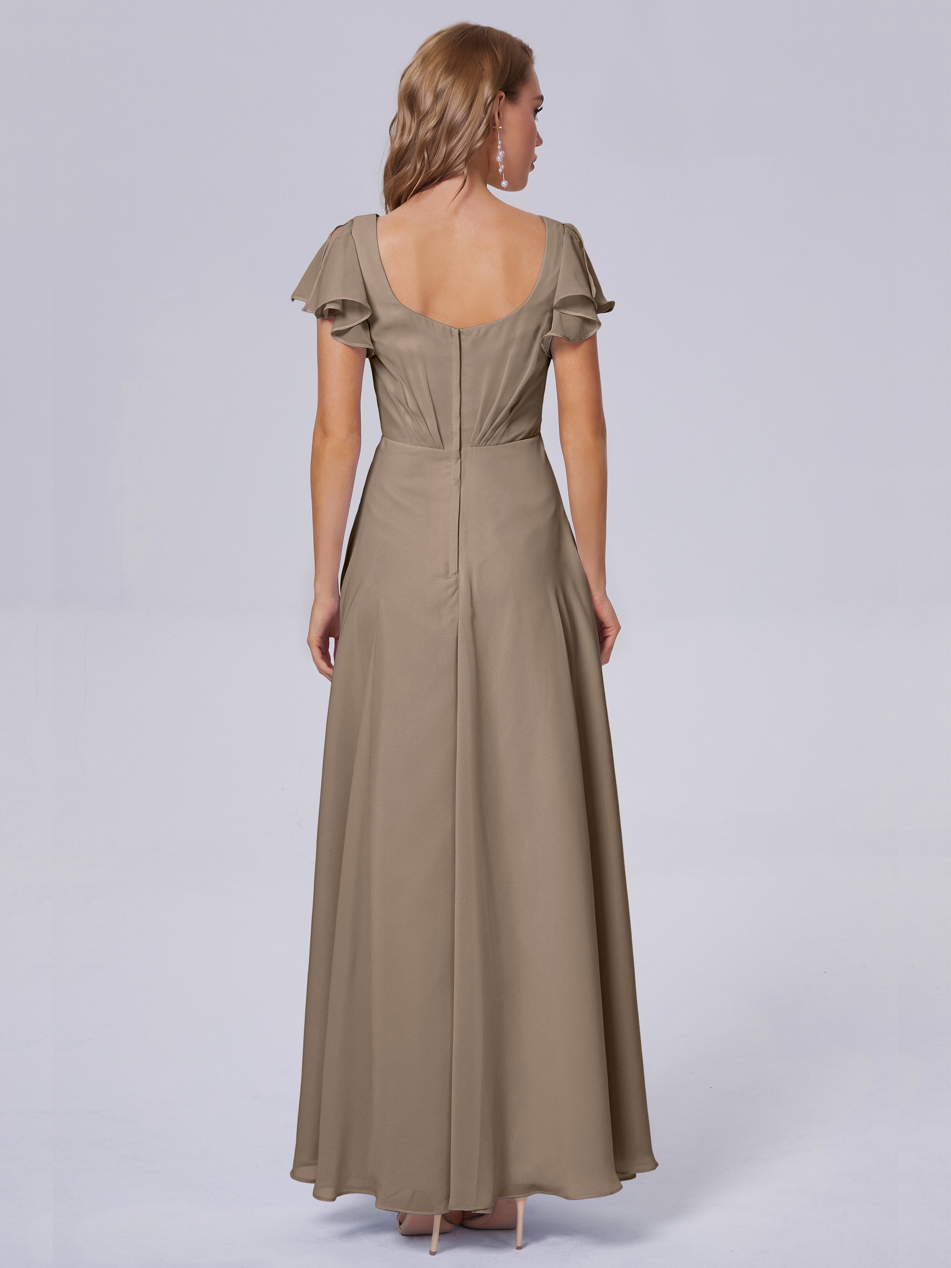 Robe Ceremonie Taupe Col V Mousseline Robes Demoiselle D'Honneur